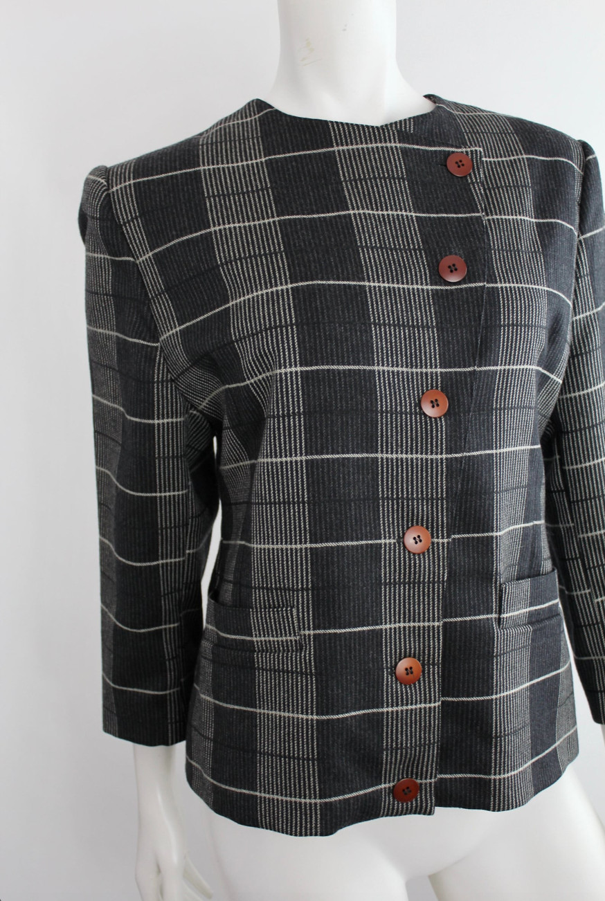 Vtg 80s Marimekko Grid Gray Wool Blazer Jacket Coat Checked Striped Retro 34 Eu