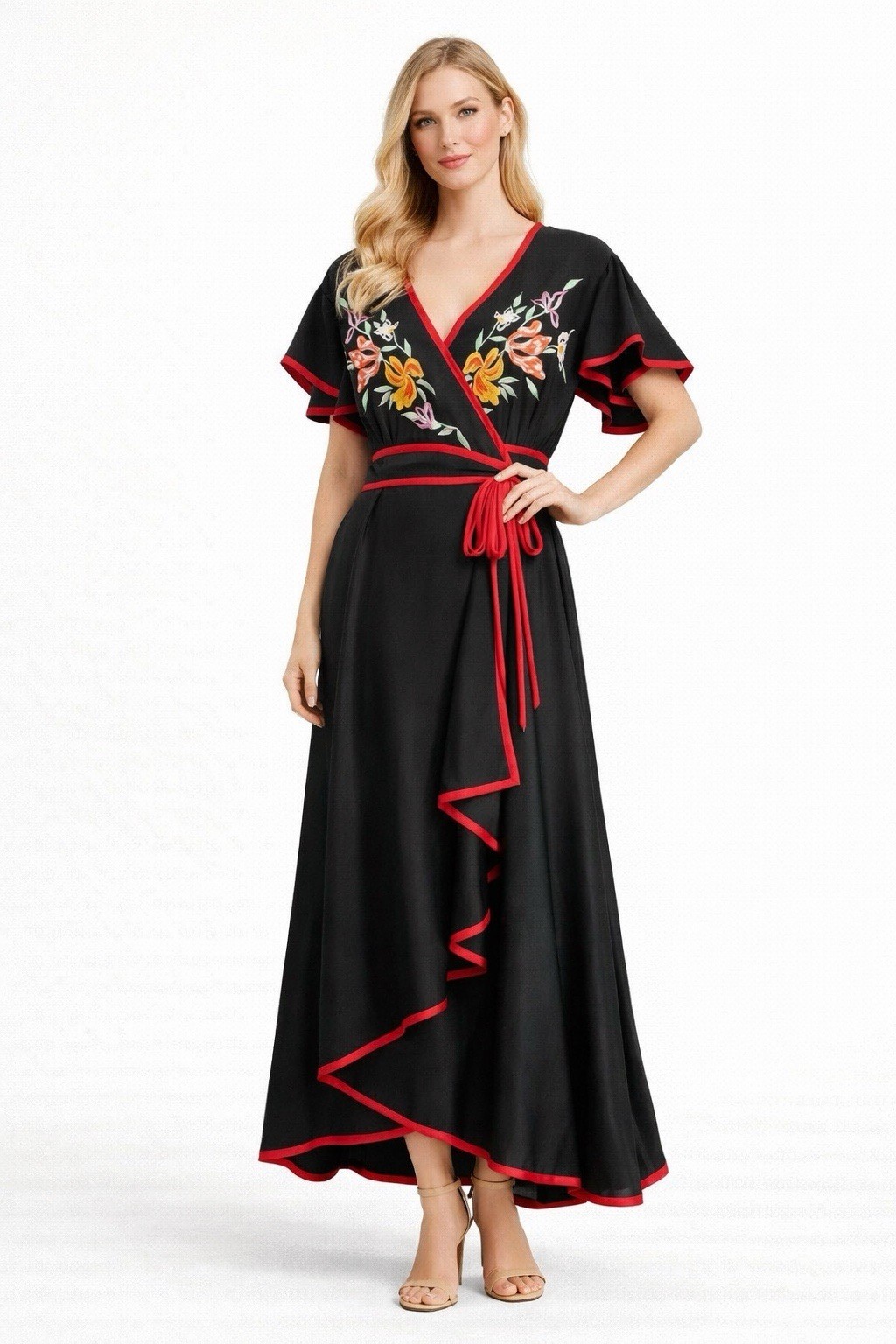 Vintage Black Floral Embroidered Silk Faux Wrap Dress Boho Romantic Med