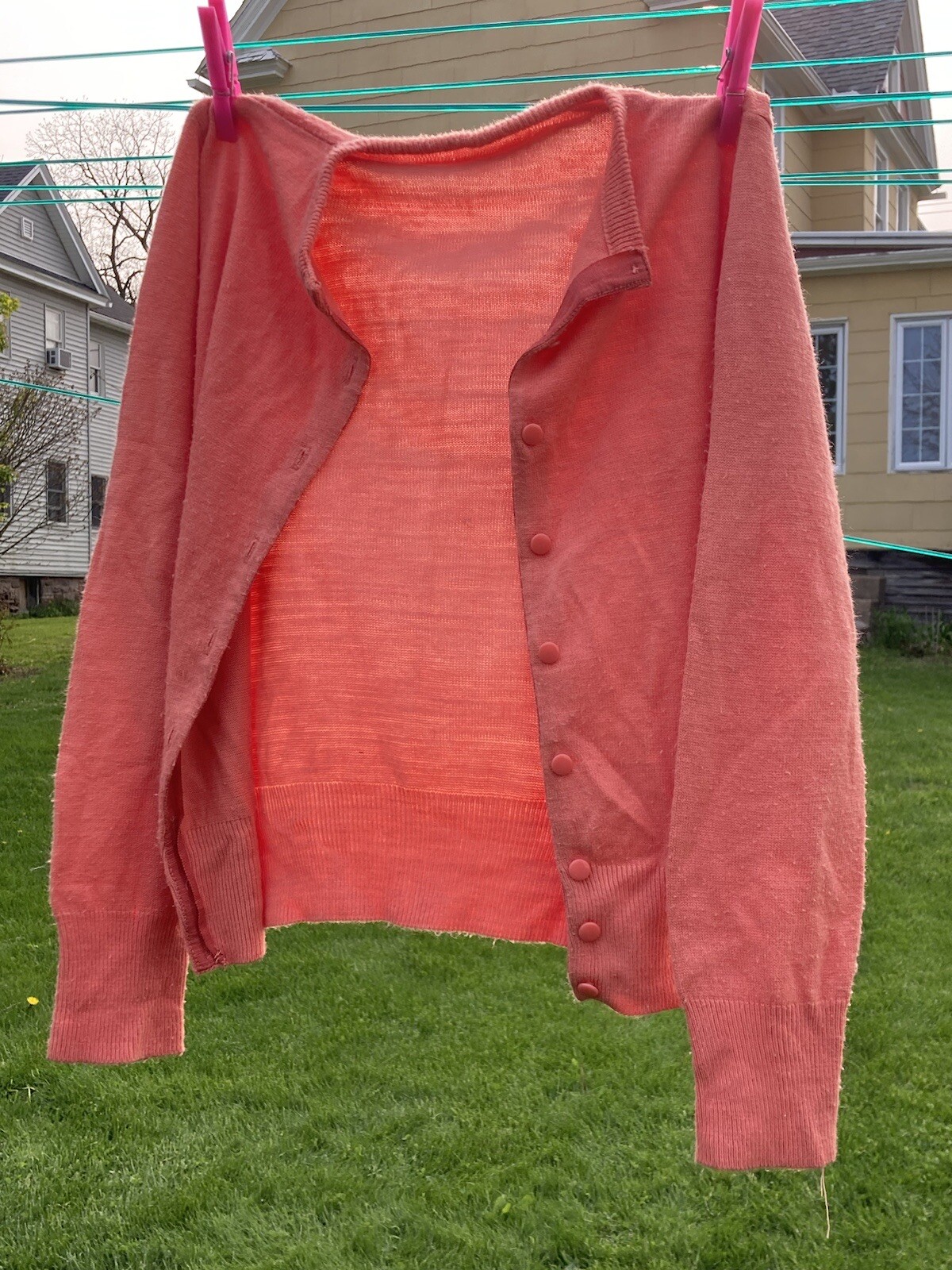 VTG Womens S Coquette Salmon Coral Pink Button Up Soft Stretch Cardigan Sweater