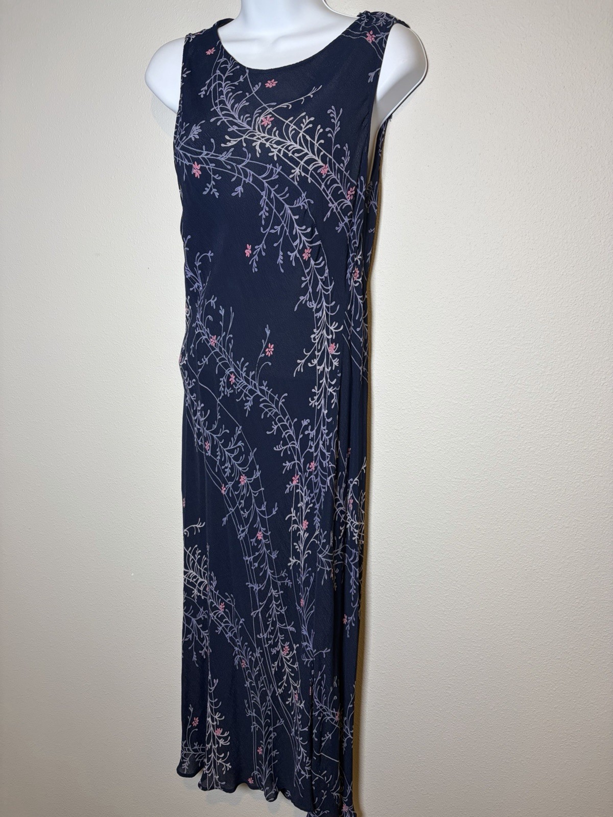 Vtg 90s Nostalgia Navy Blue Midi Slip Dress~L~Rayon Crepe Bias Cut Grunge Femme