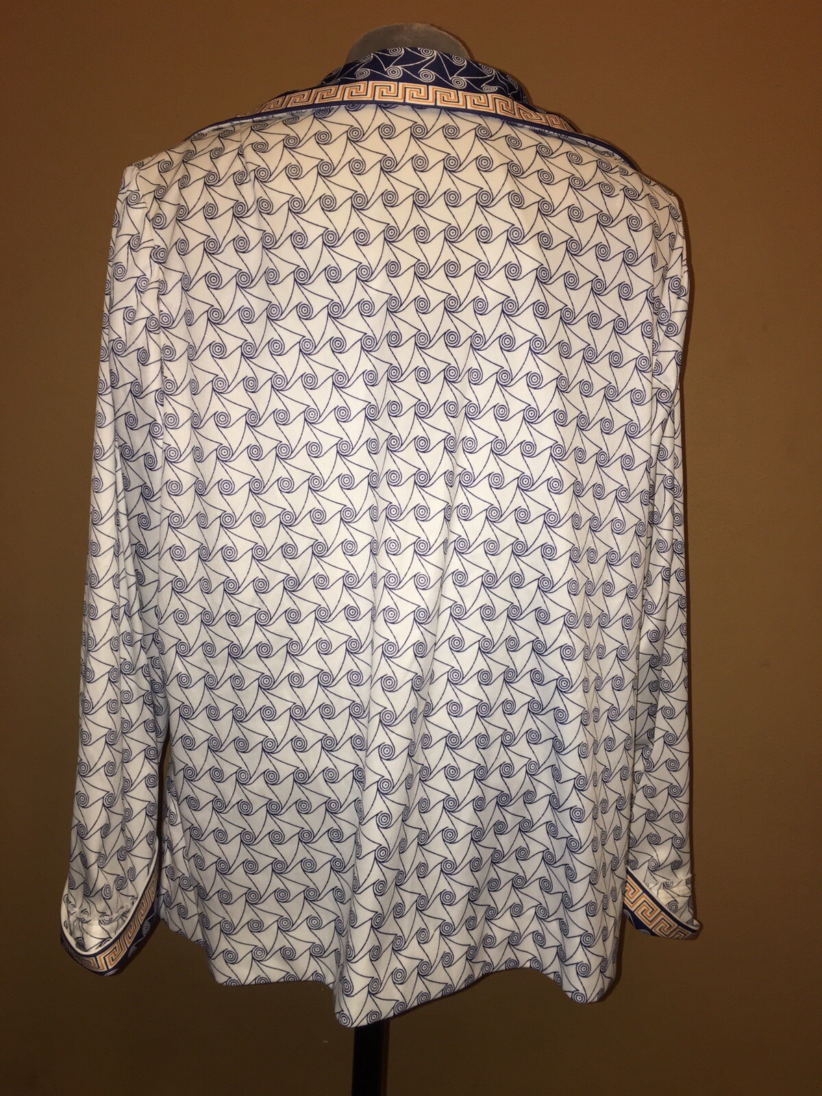 Vtg 70s Leslie Pomer Mod poly Groovy L Jacket Abstract Geometric White Blue