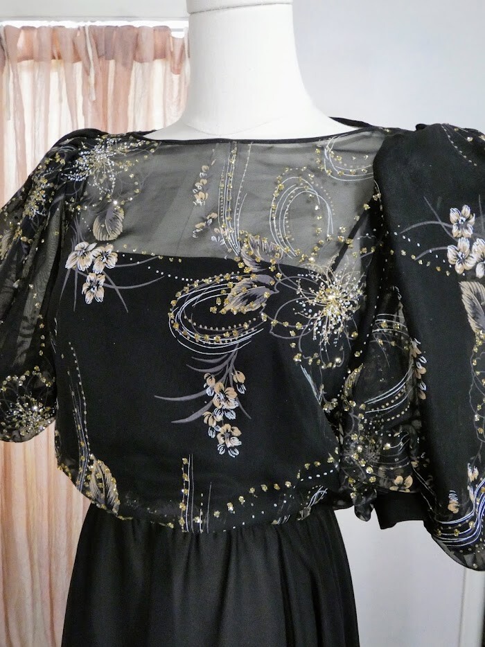 80s Vintage CONNECTIONS Black Puff Sleeve Silver Gold Glitter Dress ILGWU Small