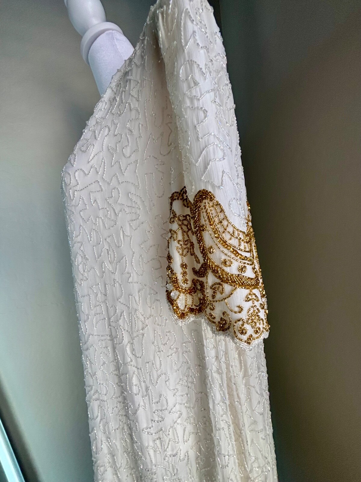 Vintage Brilliante by J.A. 100% Silk White and Gold Beaded Dress-XXL
