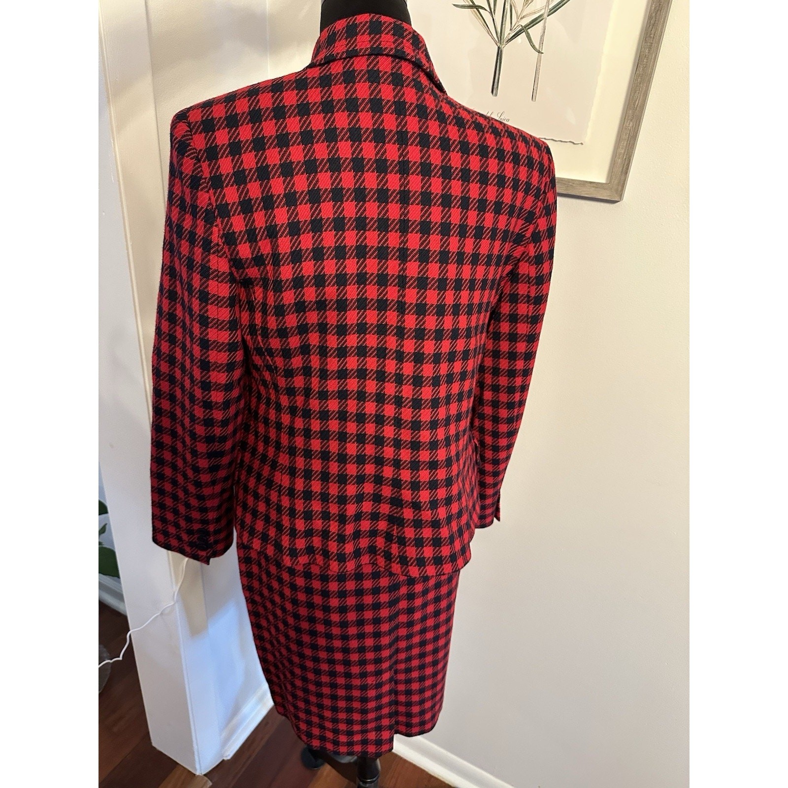 Vintage Wool Blazer & Skirt Suit Liz Claiborne Red/Blue Check Size 8 USA Retro