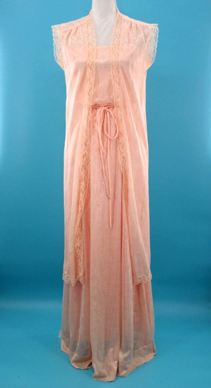 Vtg Womens 70s 2 Pc Peach Lace Dress Set 1970s XS/S/M Dress + Long Cover Up Vest
