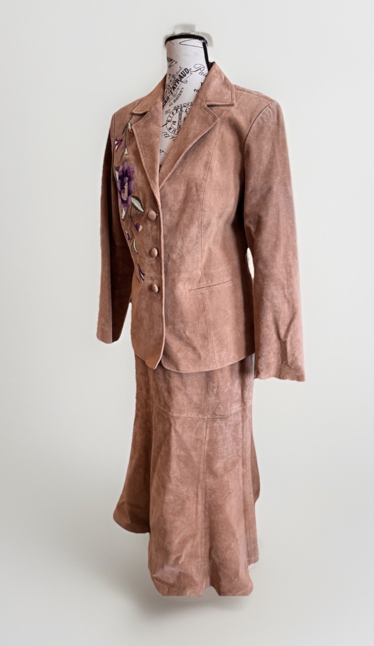 90s Brownstone Studio Leather Suede Floral Embroidered Boho Jacket & Skirt 10