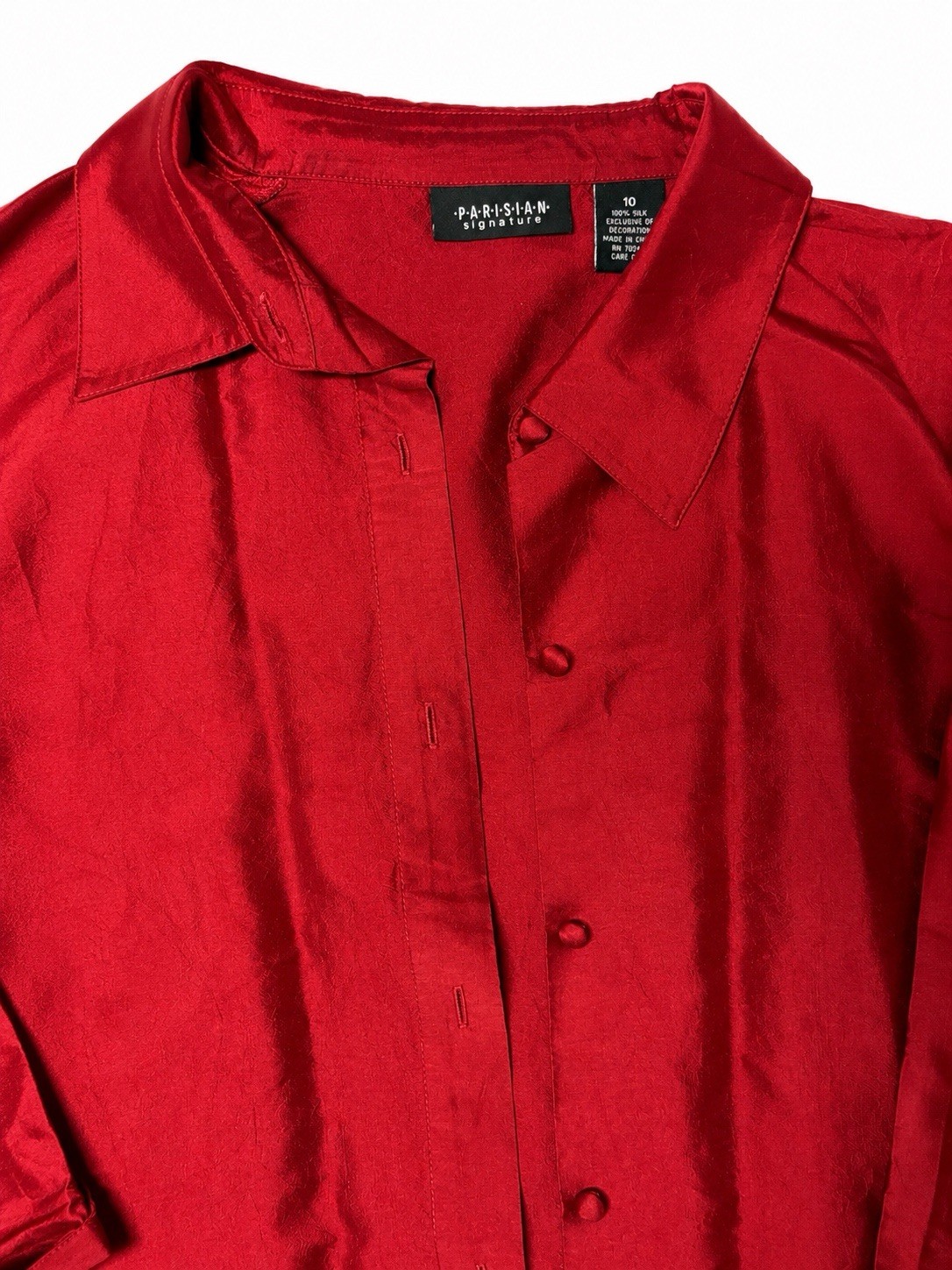 Vintage Parisian Signature Red Silk Embroidered Blouse Size 10