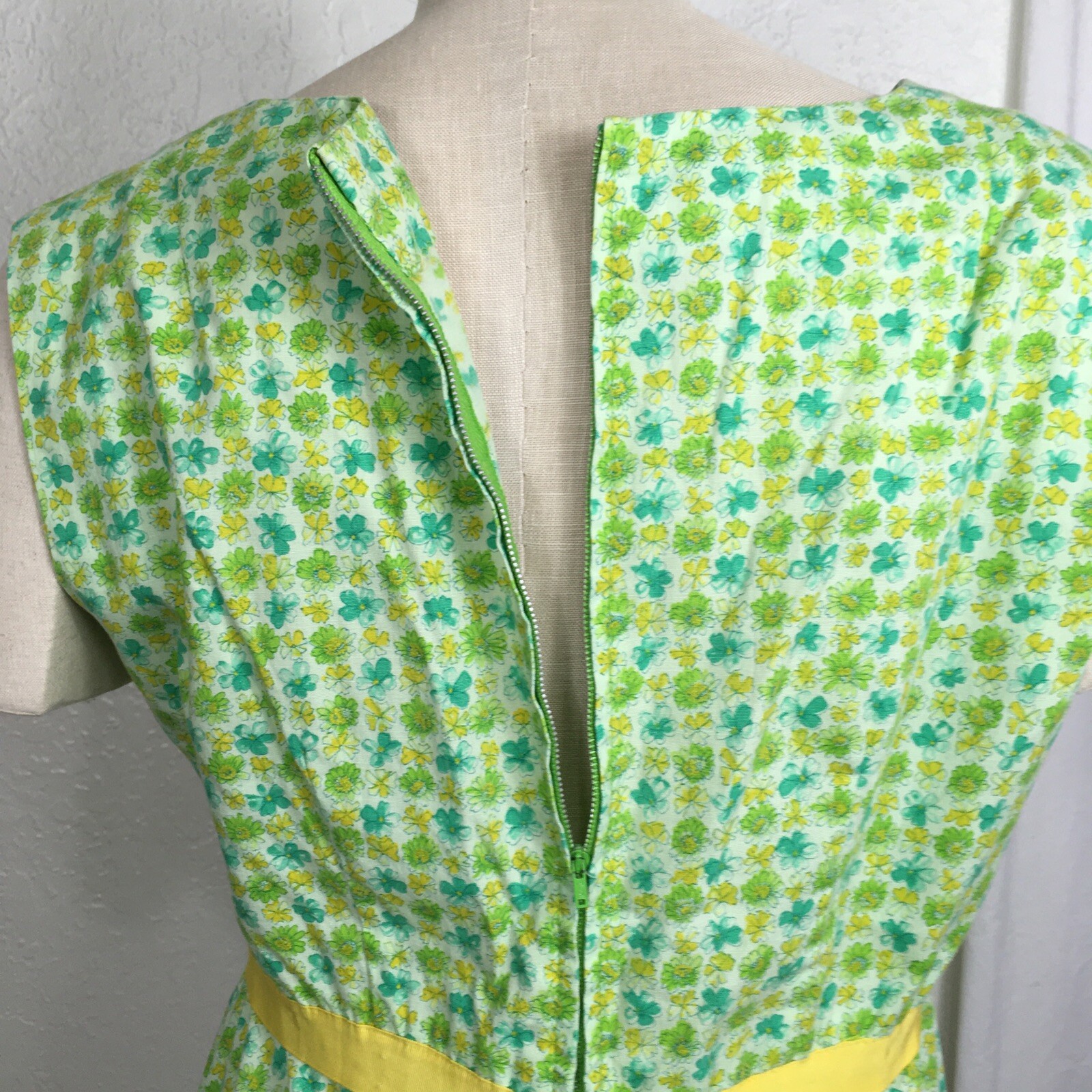 Vintage 1970 Handmade Dress Green Yellow Floral Ribbon Waistband Sleeveless 12