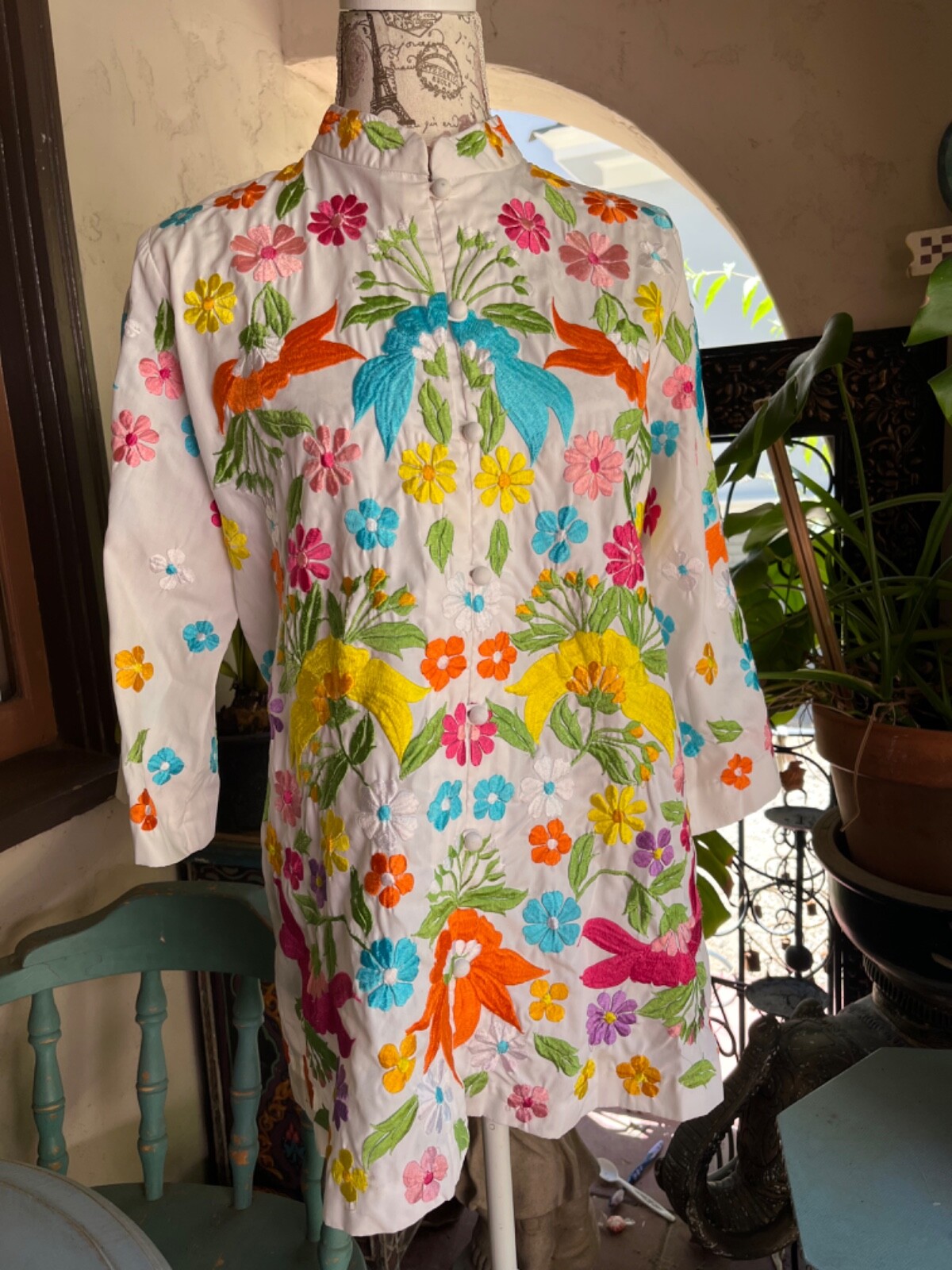 60s Jacket~Long Tunic Blouse~Embroidered Floral Hippie~Mandarin Collar~Size ML