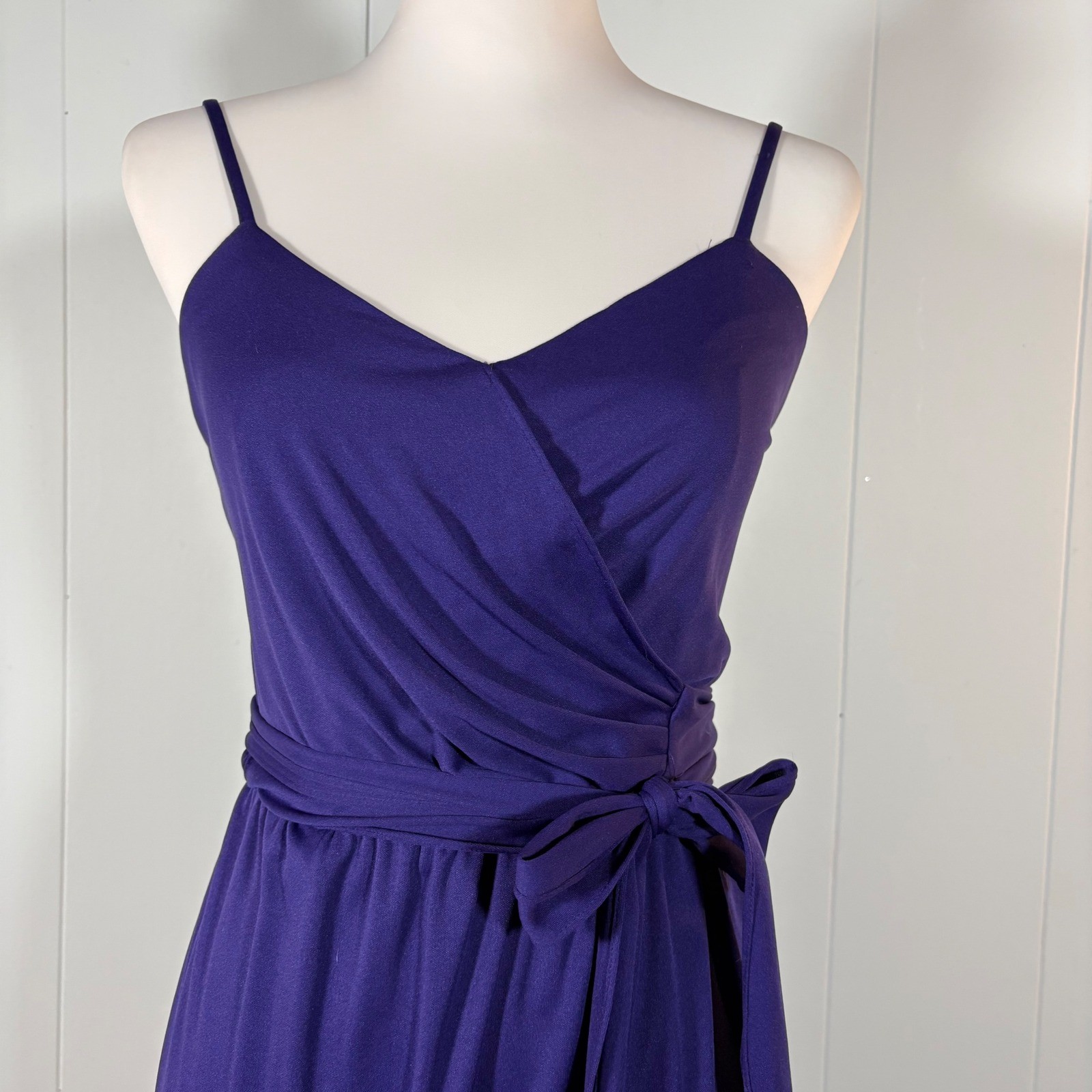 70s Purple Maxi Dress Women’s XS Sleevelsz V-Neck Faux Wrap Retro Boho Hippie