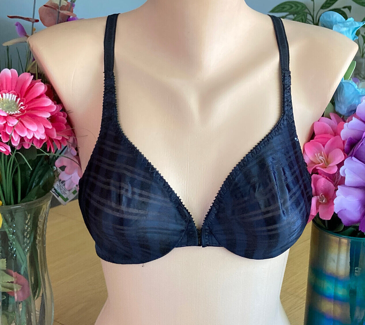 LILY of FRANCE by DOLORES 34B Black Sheer Stripes UW Bra VINTAGE #1229