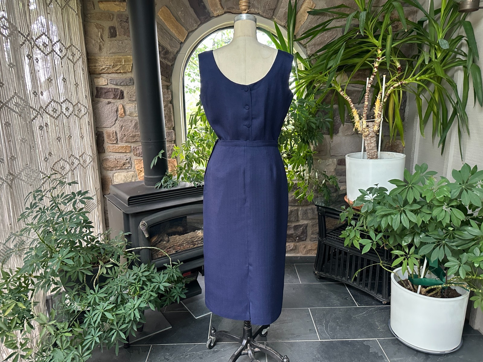 Vintage 1950s Nelly de Grab Navy Blue Textured Linen Look Rayon Skirt Suit Set