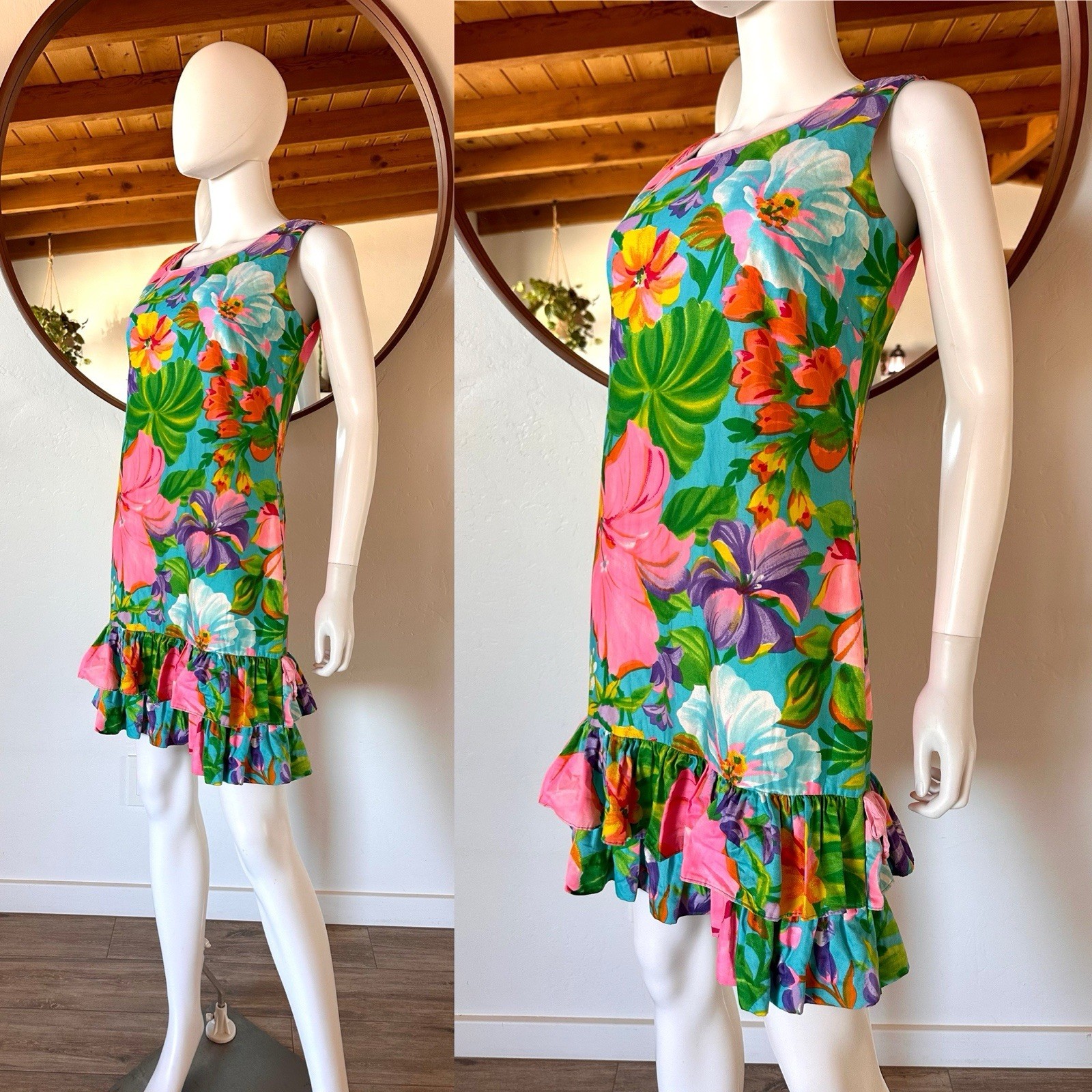 Vintage South Seas Hawaiian Colorful Tropical Floral Summer Dress Fits S-S/M