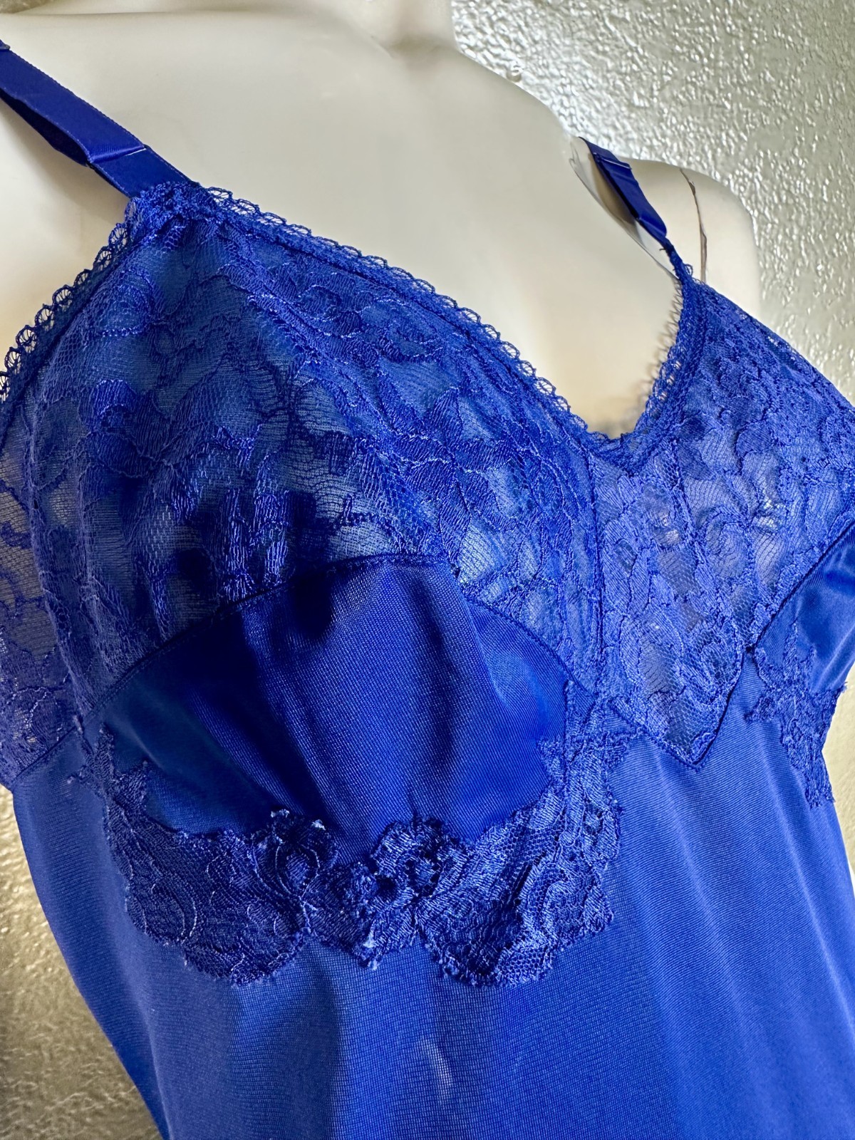 Vintage 1950’s LAROS Bright Blue Dress Slip Nylon Nightgown Sheer Lace S/M