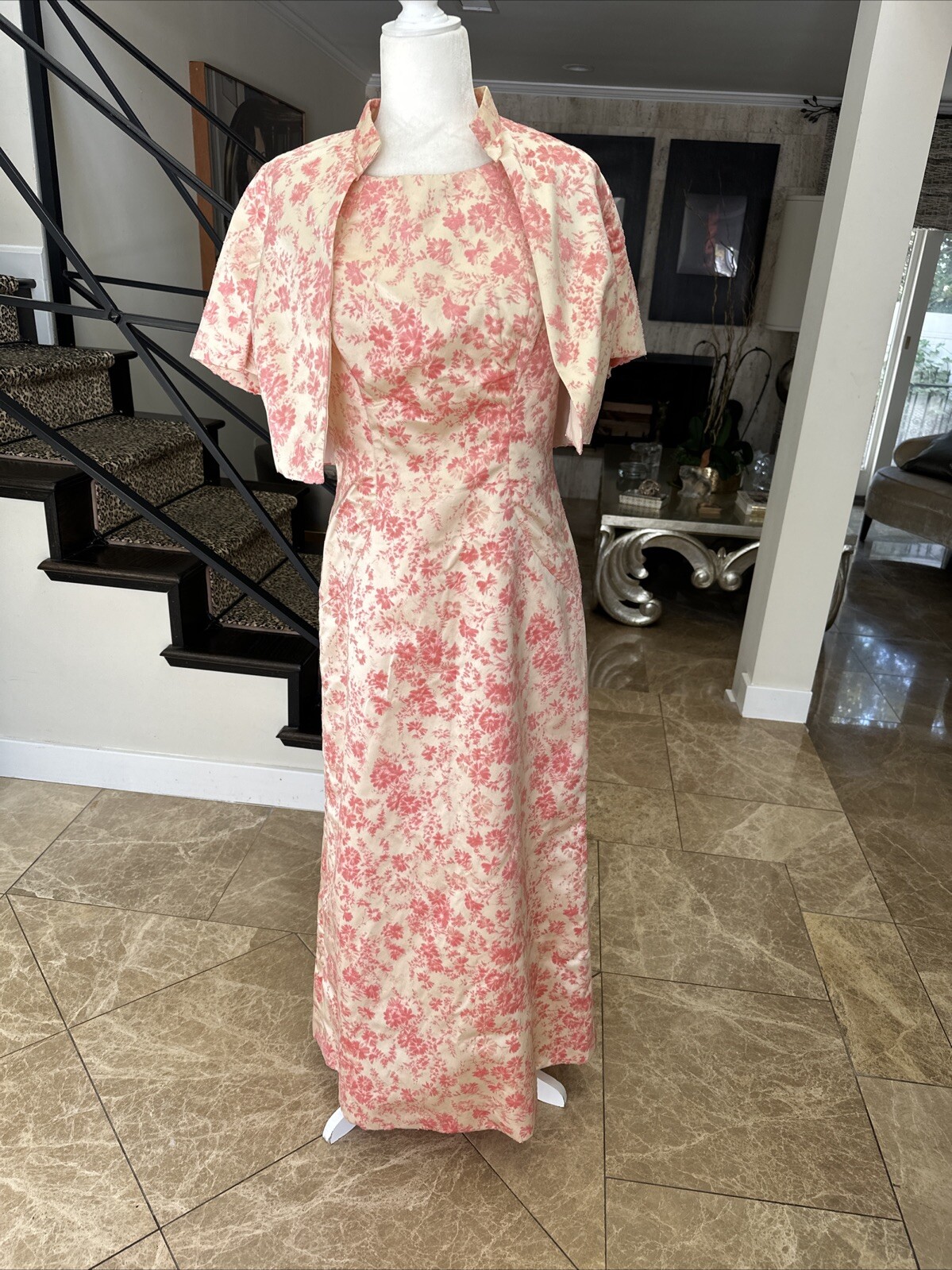 Vintage 60s Cream Satin & Pink Velvet Flocking Evening Gown With Jacket Size 6