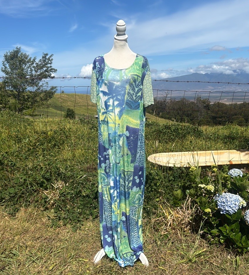 Vintage 90s Y2K CITe Blue Green Hawaiian hula Fish Print Short Sleeve Maxi Dress