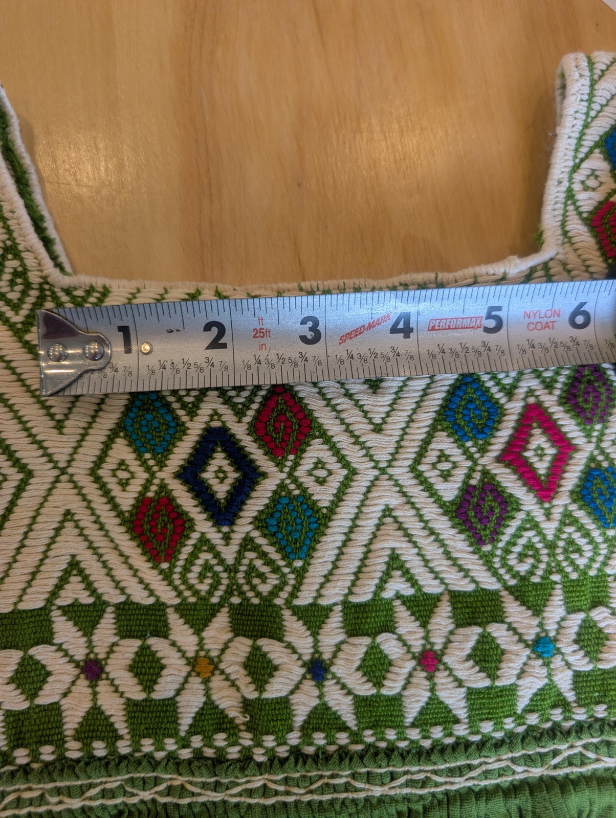 Vtg 70s Mexican Embroidered Cotton Gauze Tunic Blouse Boho Peasant Green Huipil