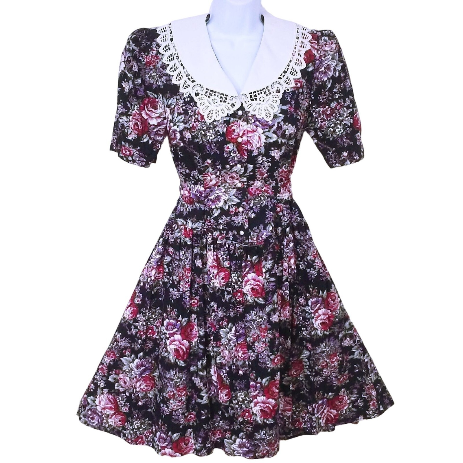 80’s Brandywine Creek Dark Floral Prairie Dress Granny Lace Collar 9/10 Puffy SS