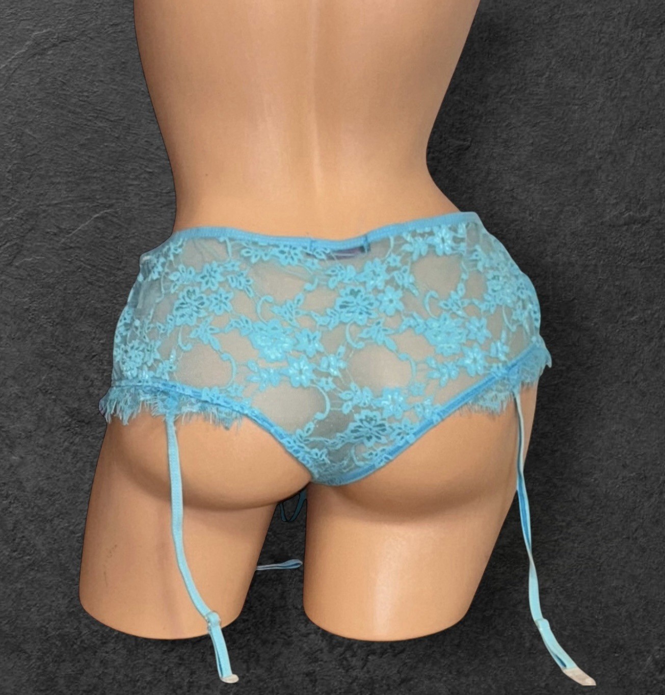 2PC AVIDLOVE Blue Shiny Silky Sheer Lace Garter Panties & Tank Bra Bralette XL