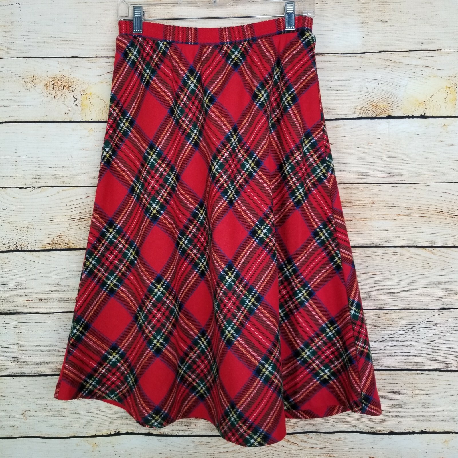 Vtg Eccobay Pleated Red Wool Blend Pull On Skirt S M Plaid Modest School Girl