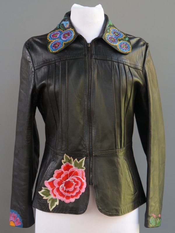 VTG Black Leather Jacket Mexican Day Of The Dead Applique Hand Painted S M