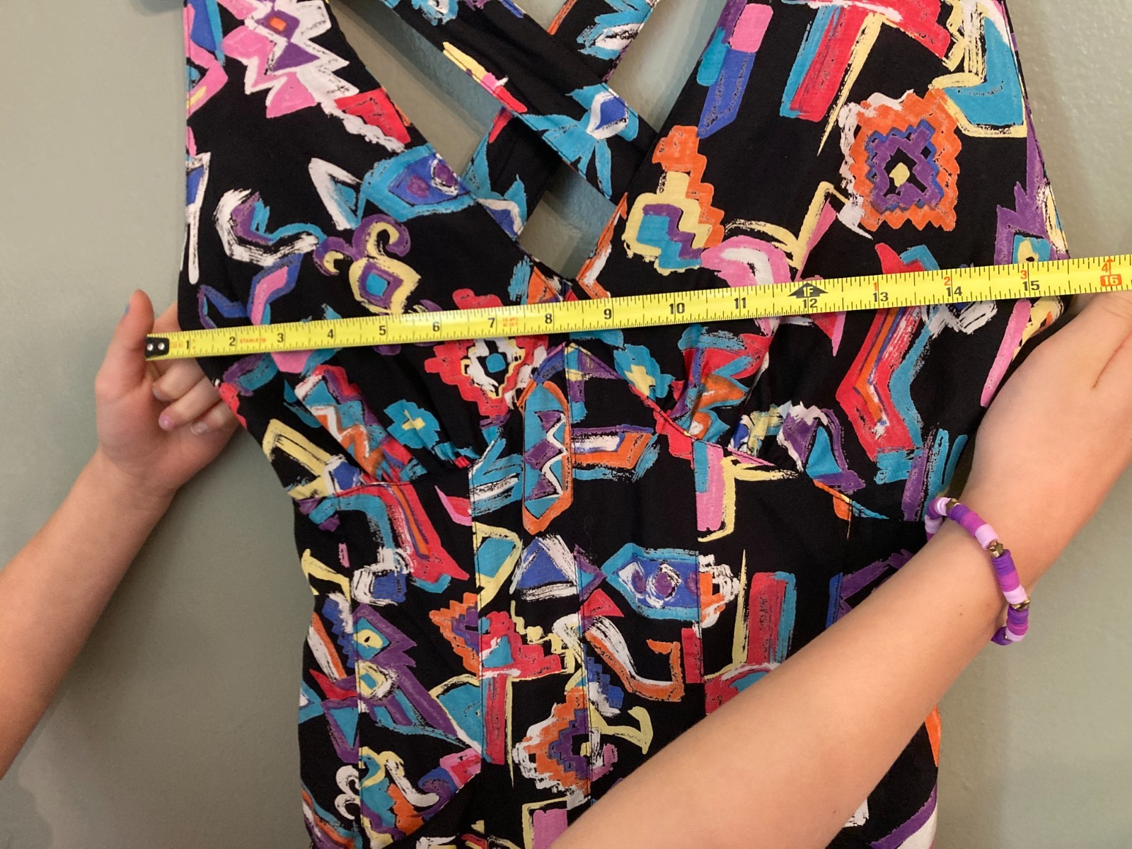 Bold Geometric Vintage Print Cross Back Strap Overall-Type Fitted Bust Dress