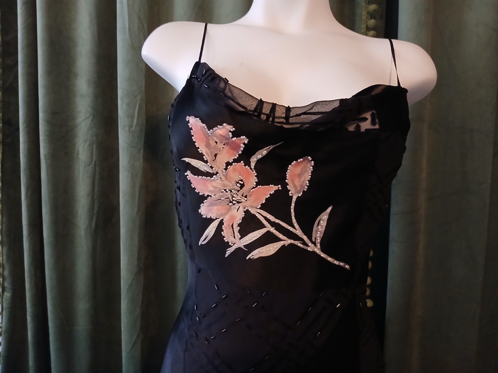Vintage 90s L’Pogee Black Silk Rayon Floral Beaded Bias Cut Slip Gown Dress 8