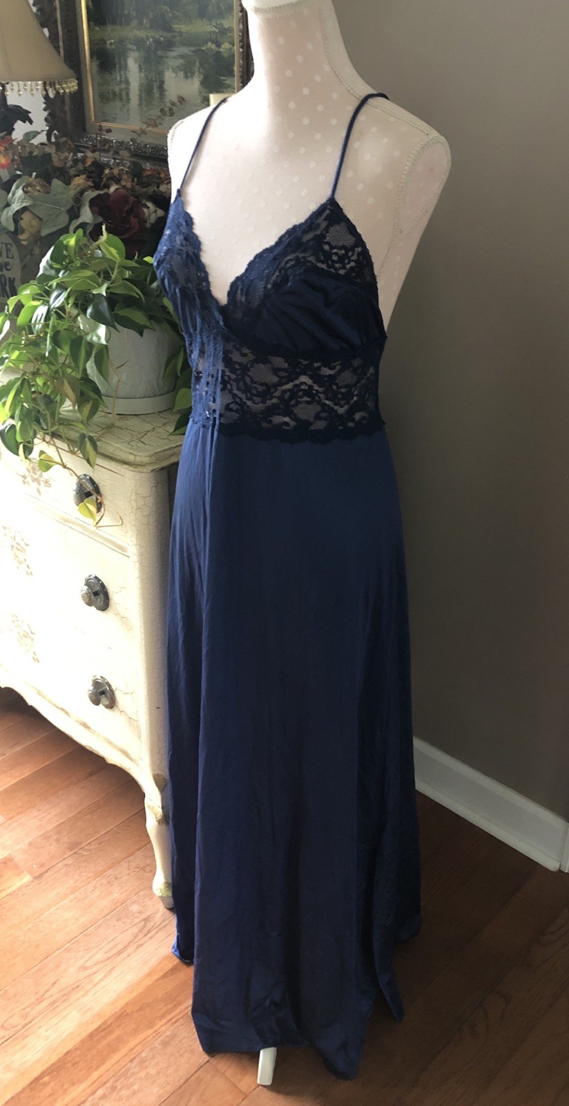 Vtg Maidenform Dreamwear Olga Like Peignoir Nightgown Robe Set Navy Blue Women L