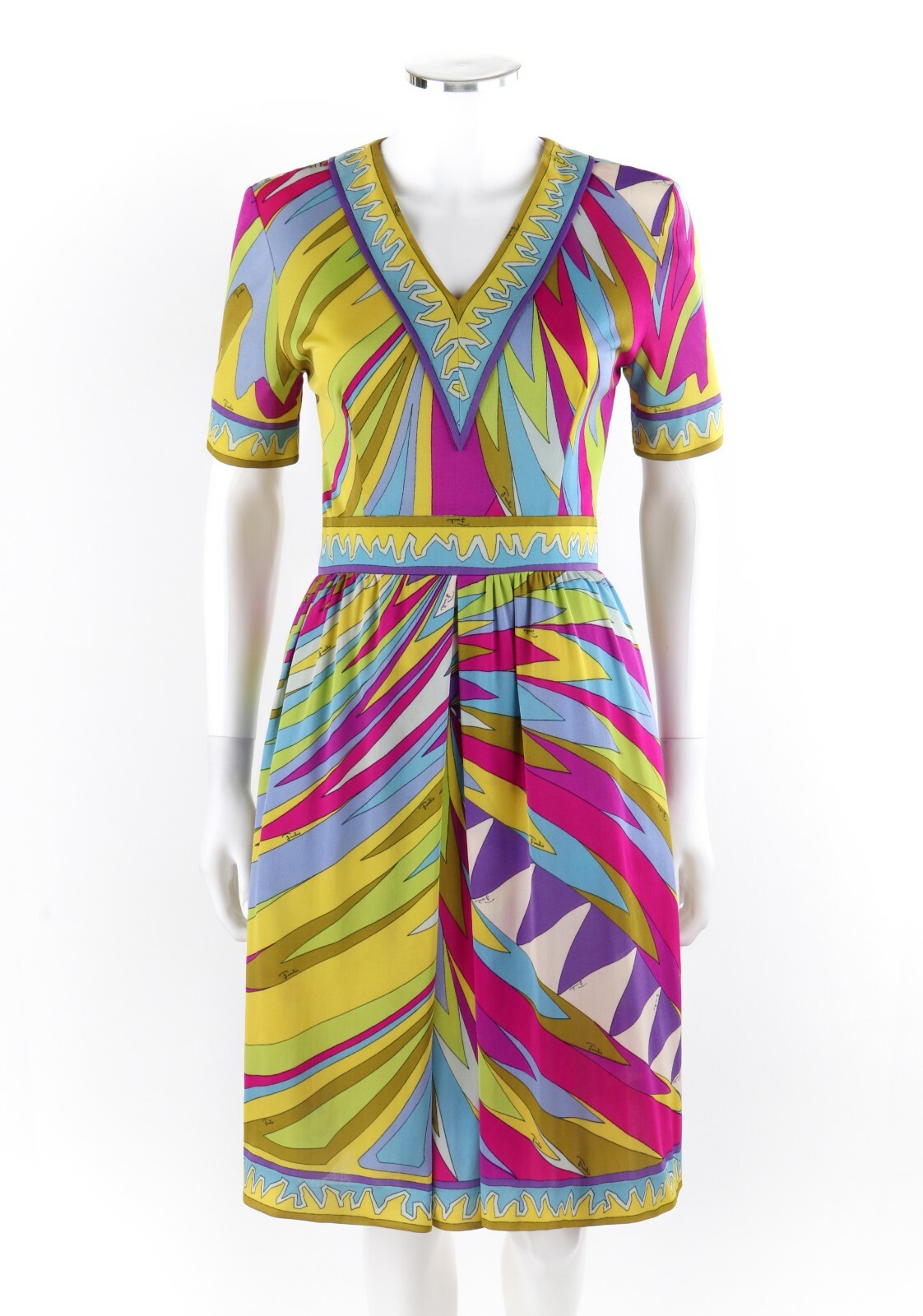 EMILIO PUCCI c.1960’s Abstract Stripe Op Art Signature Print V-Neck Sheath Dress