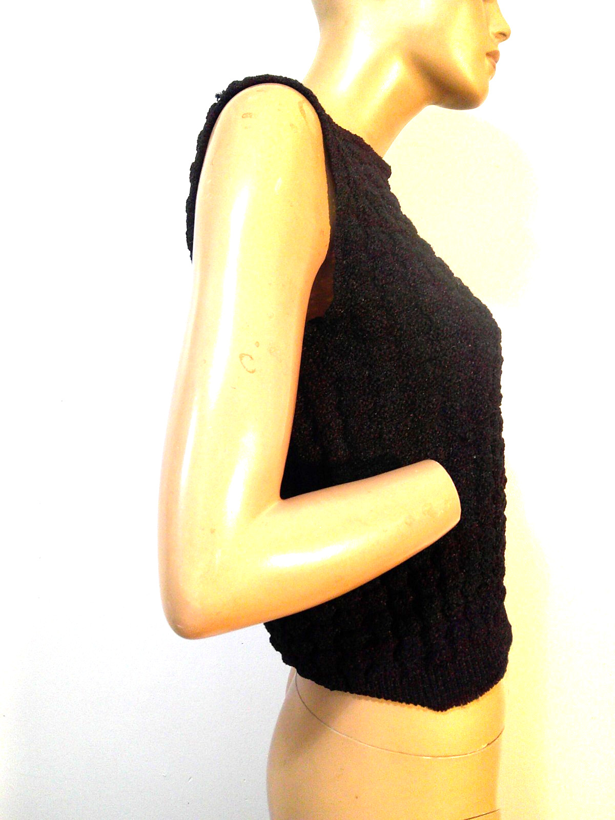Vtg 60’s Mod Rockabilly Pin Up Black Antron Nylon Popcorn Sleeveless Shell Top L