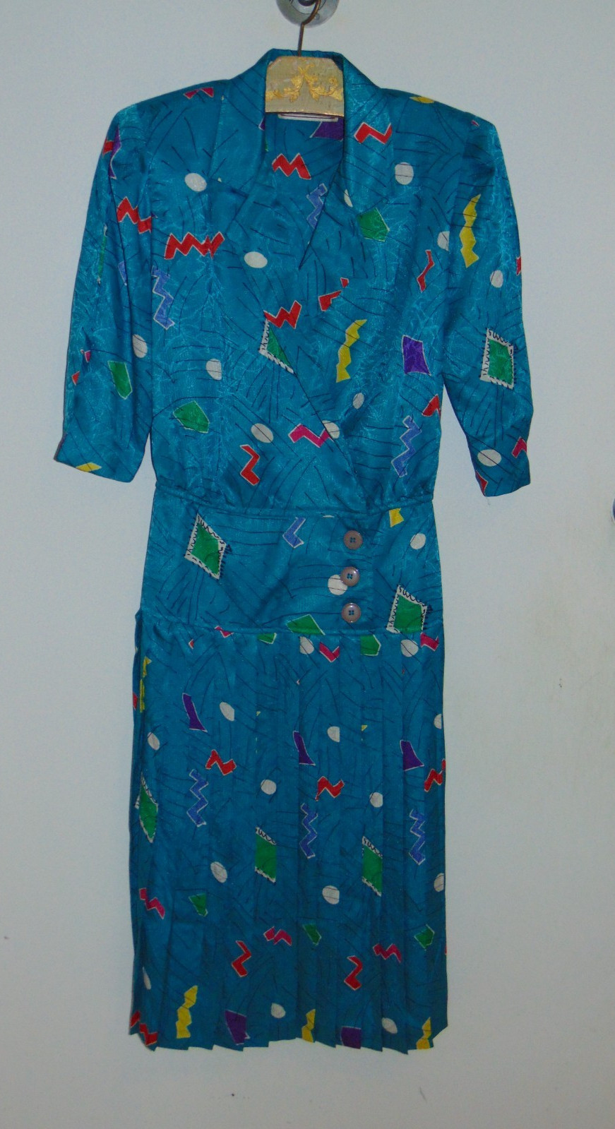 Vintage 80’s La Petite Connection Knee Length Midi Blue Geometric Pleated Dress