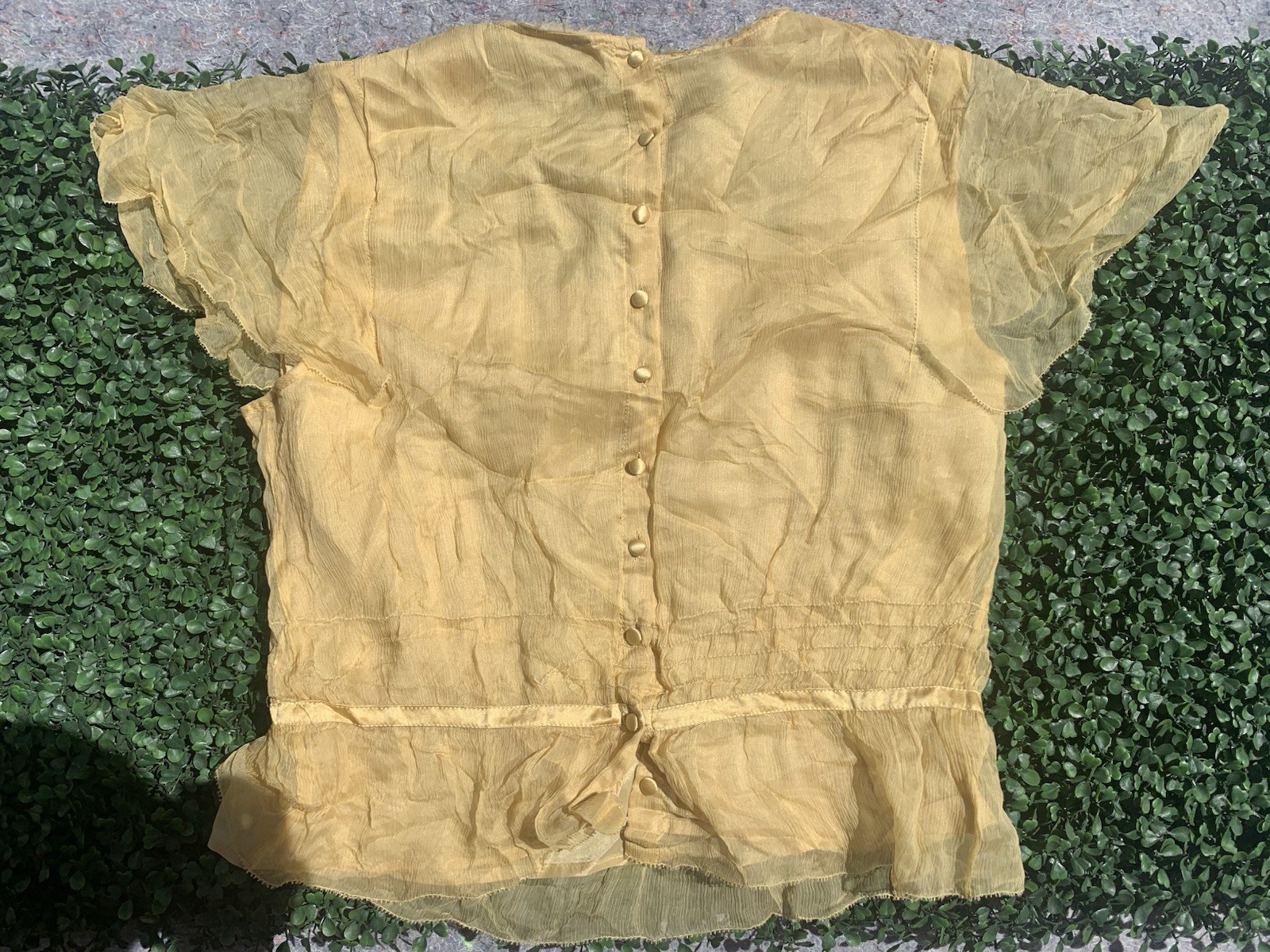 As Is vintage 90s Y2K designer yellow gold silk chiffon crop blouse top