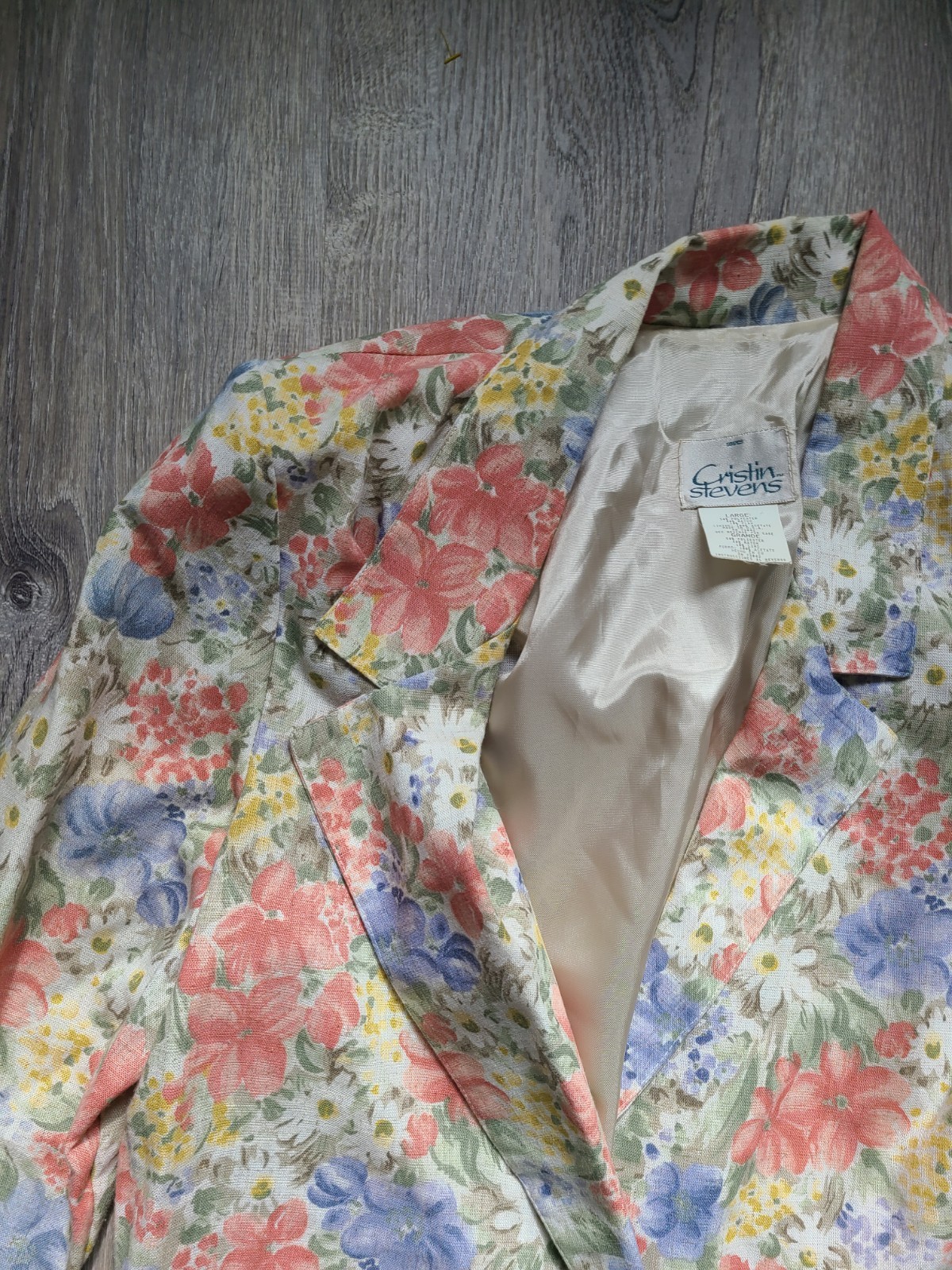 VTG Cristin Stevens Women L Blazer Office Cottagecore Spring Floral Flax Blend