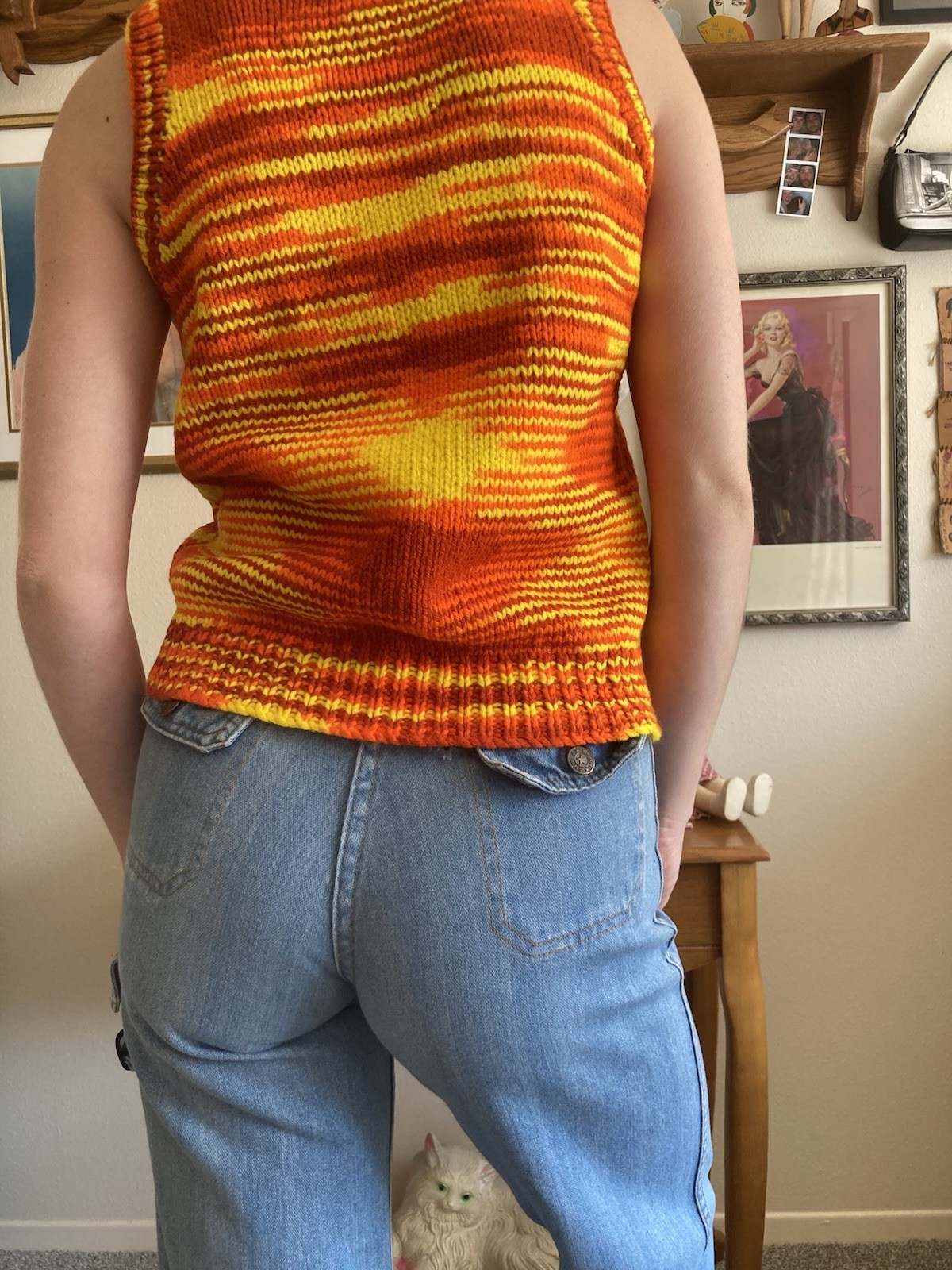 1970s Hand Knit Orange & Yellow Space Dye Sweater Vest
