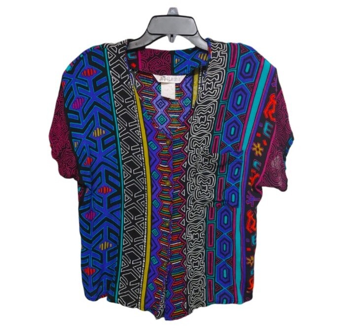 Vintage Melrose Colorful 80s Button Front Shoulder Pad Shirt Womens Size Small S