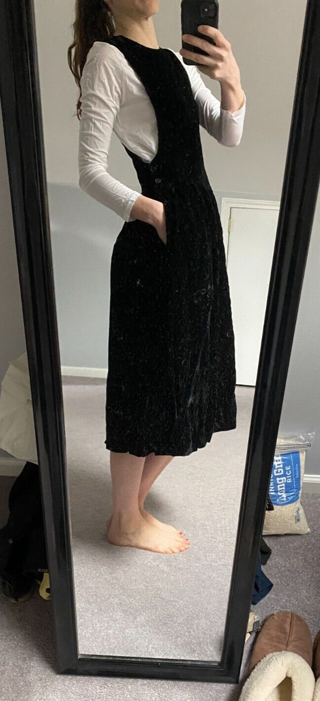 JoS.A.BANK CLOTHERS Vintage Jumper Dress sz 4 / S Black VELVET Shoulder Buttons