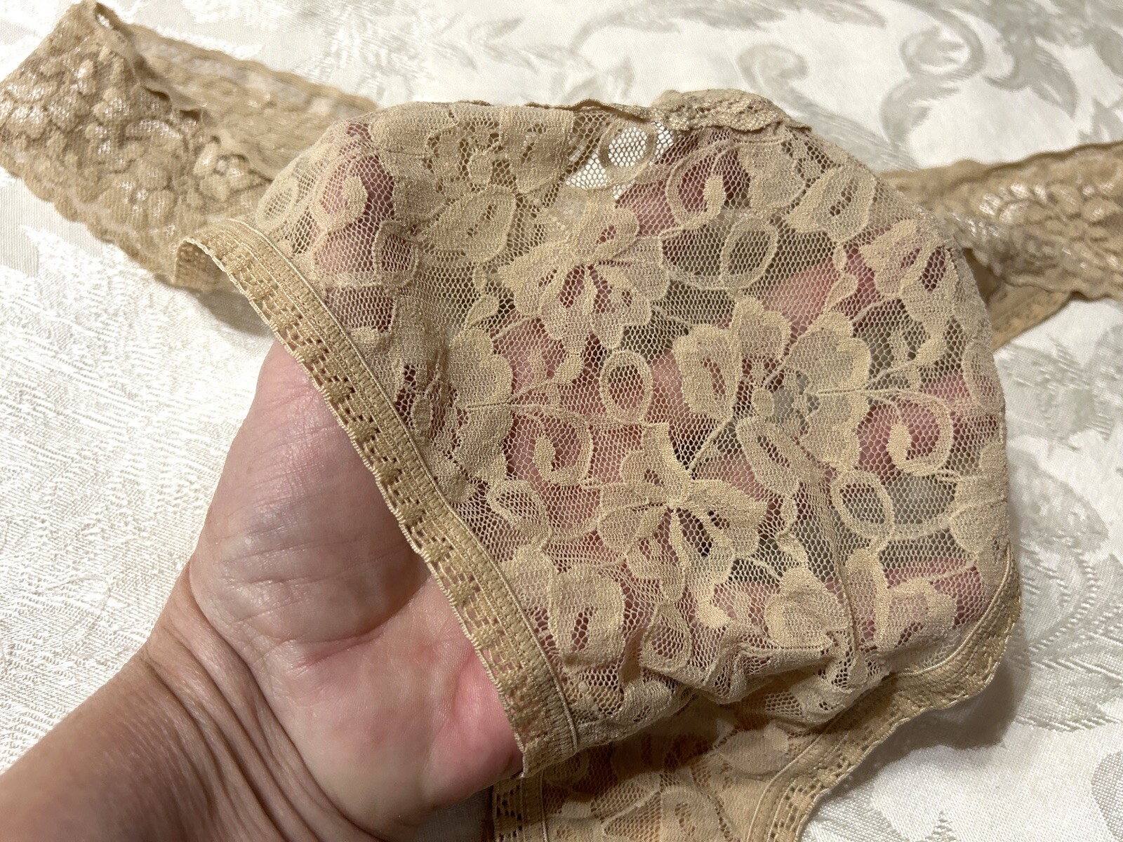 Vtg CACIQUE Floral Lace Mesh 2″ Waistband 18/20 Beige Thong Panties #81