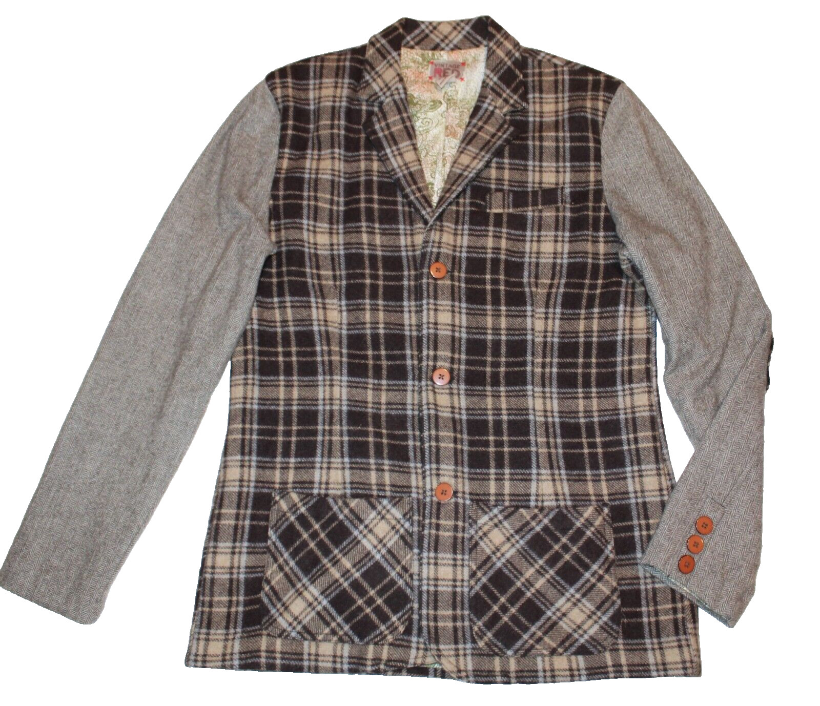 Vintage Red Brand Clothing Womens Large Brown Tweed & Plaid Blazer Elbow Patches