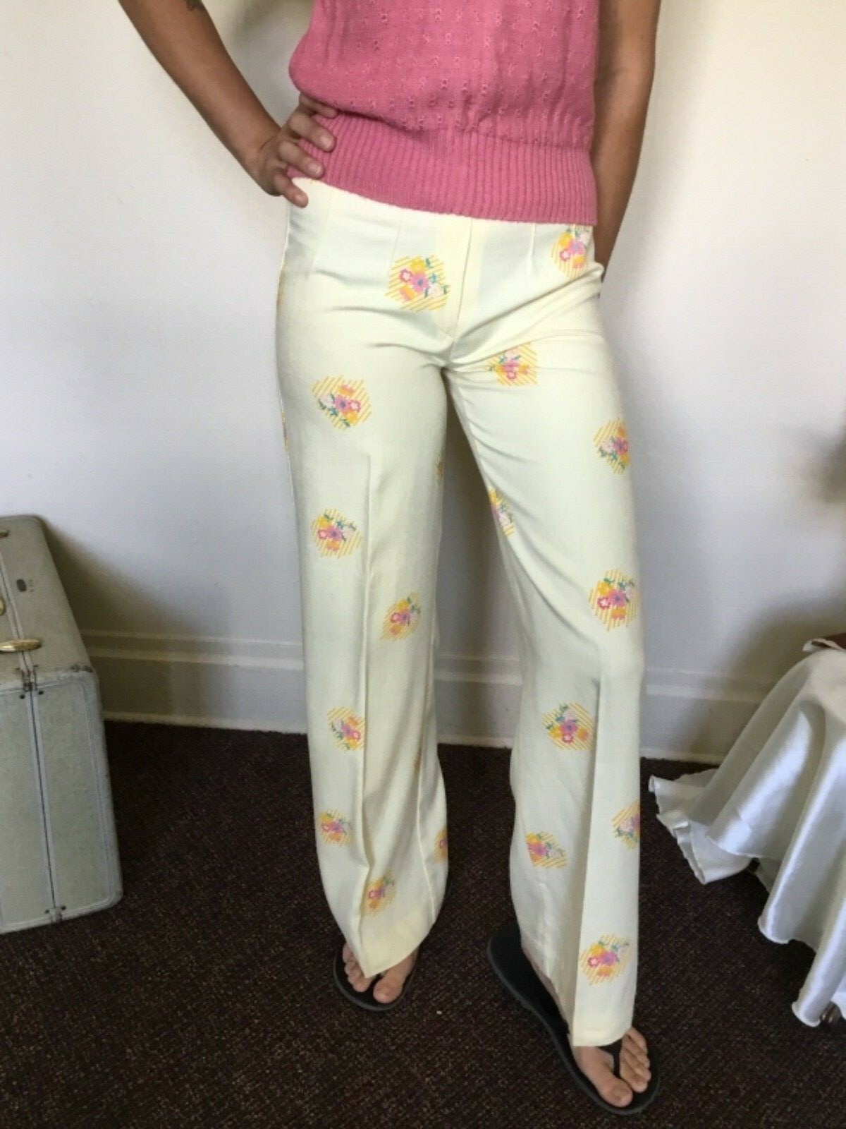 70’s Vintage Yellow Hippie Pink Floral Hi-Waist Bell Bottom Pants