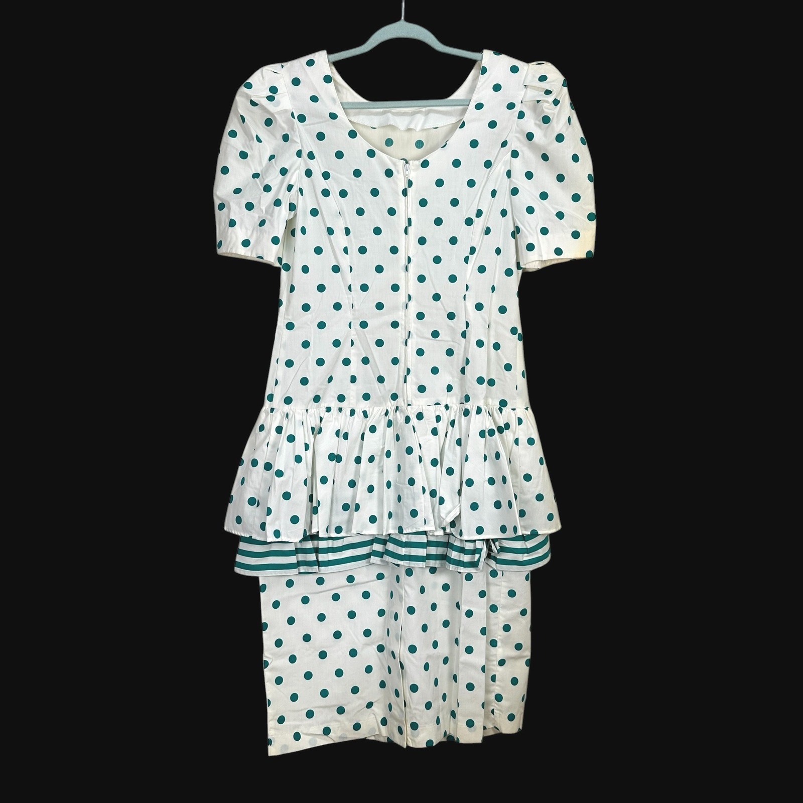 Sunshine Starshine Vintage 80s Polka Dot Peplum Dress Teal White Bow Size 14 NWT
