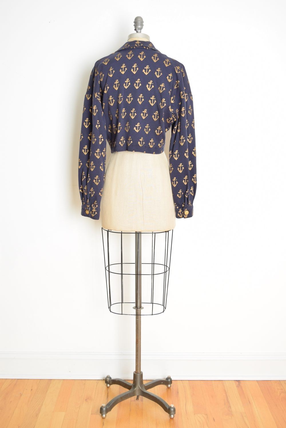 vintage 80s jacket top navy metallic gold anchor print nautical sailor L XL