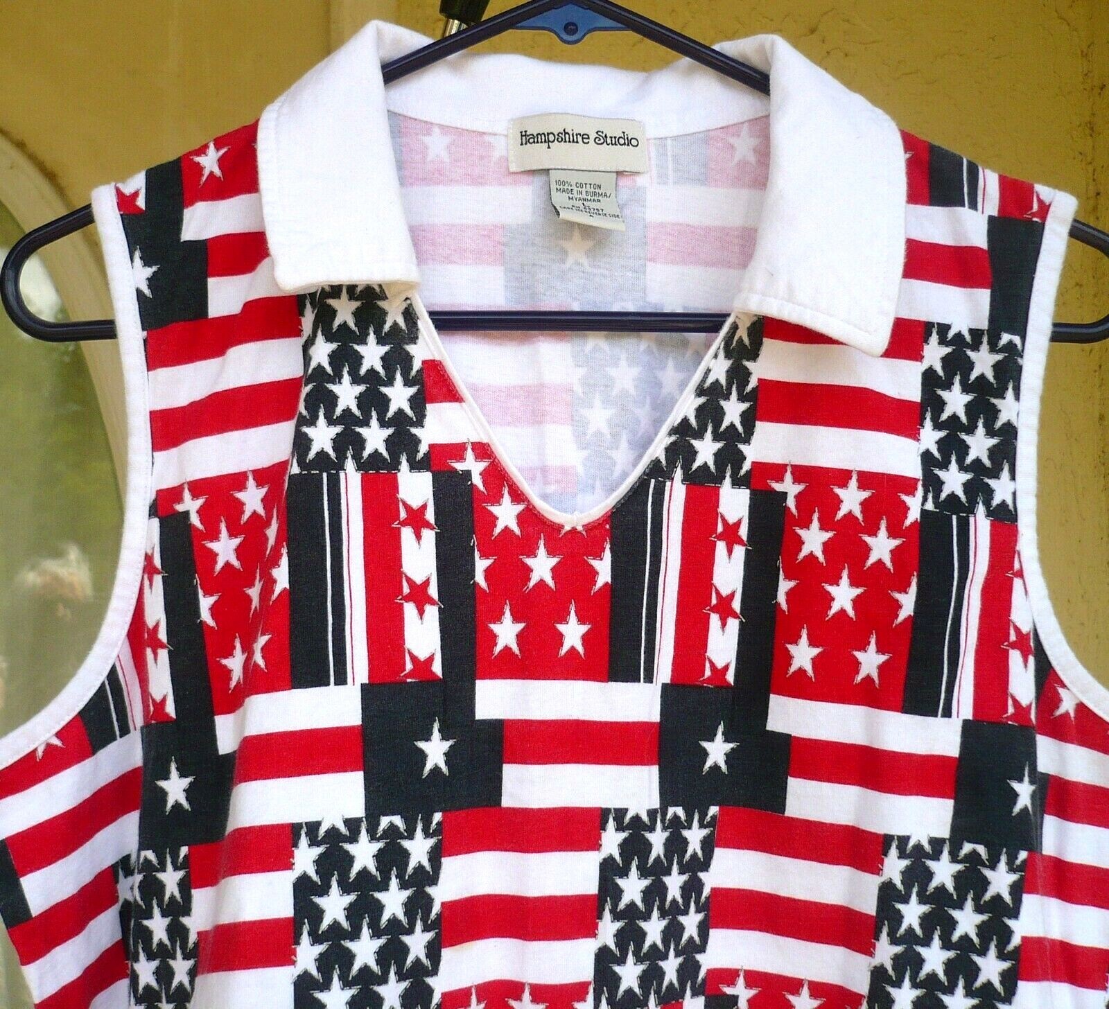 VTG 90S HAMPSHIRE STUDIO M L PATRIOTIC STARS RED WHITE STRIPES SHIRT TOP BLOUSE
