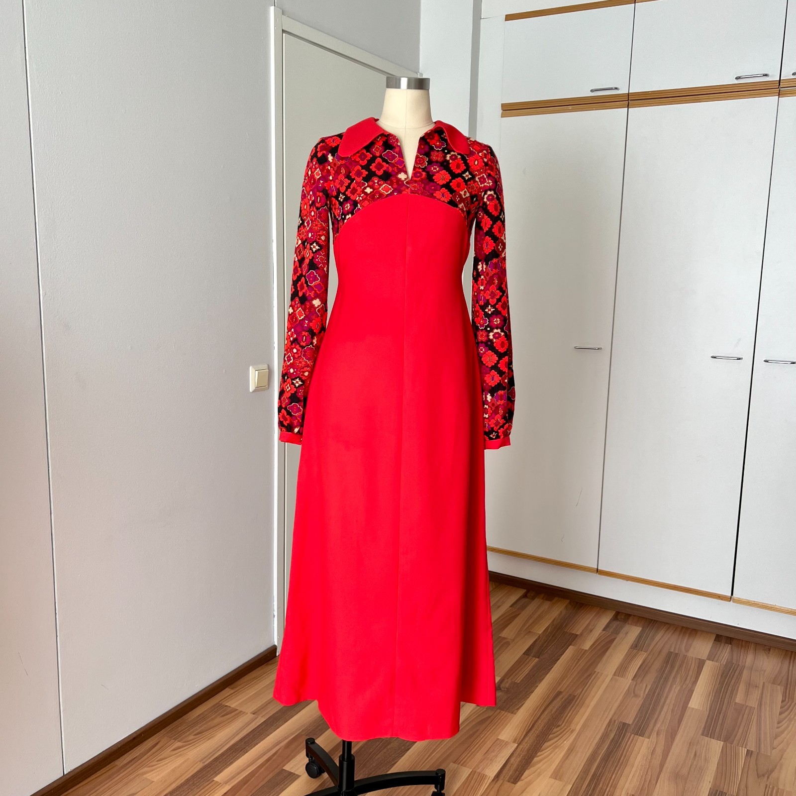 1960s Vintage Floral Empire Waist Maxi Dress Floor Length Aline Hostess Belted