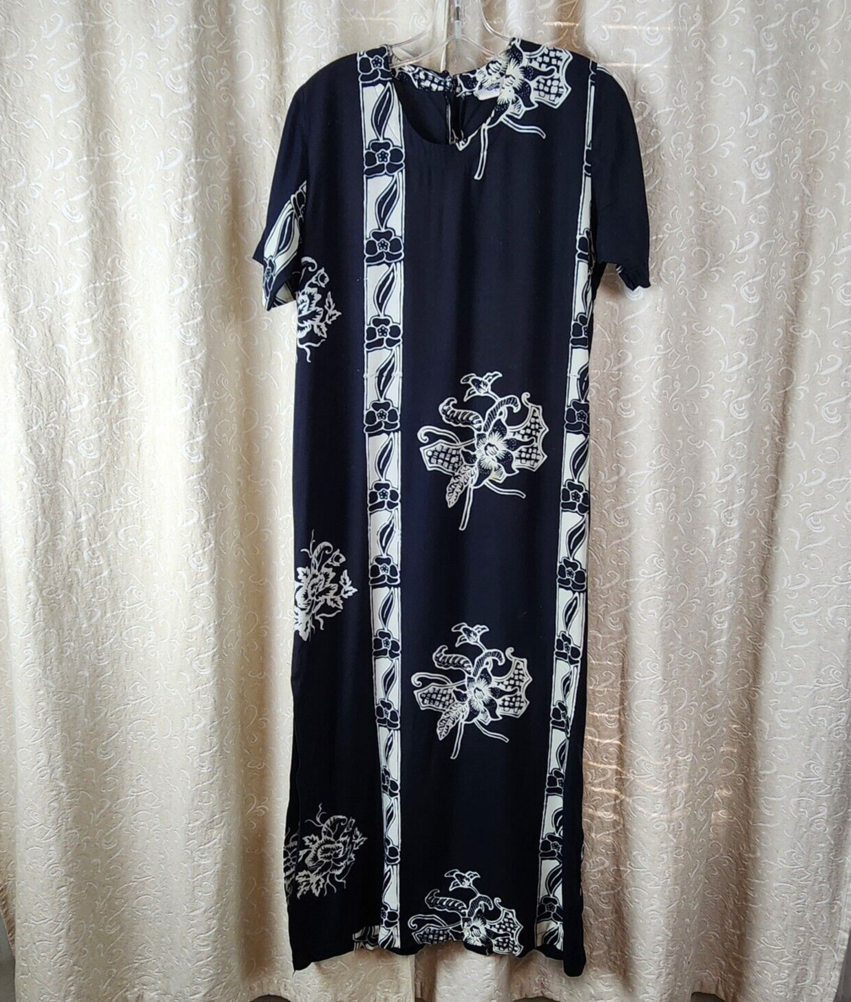 Vintage Hawaiian Hilo Hattie Dress S Black White Floral Long Sheath Side Slits