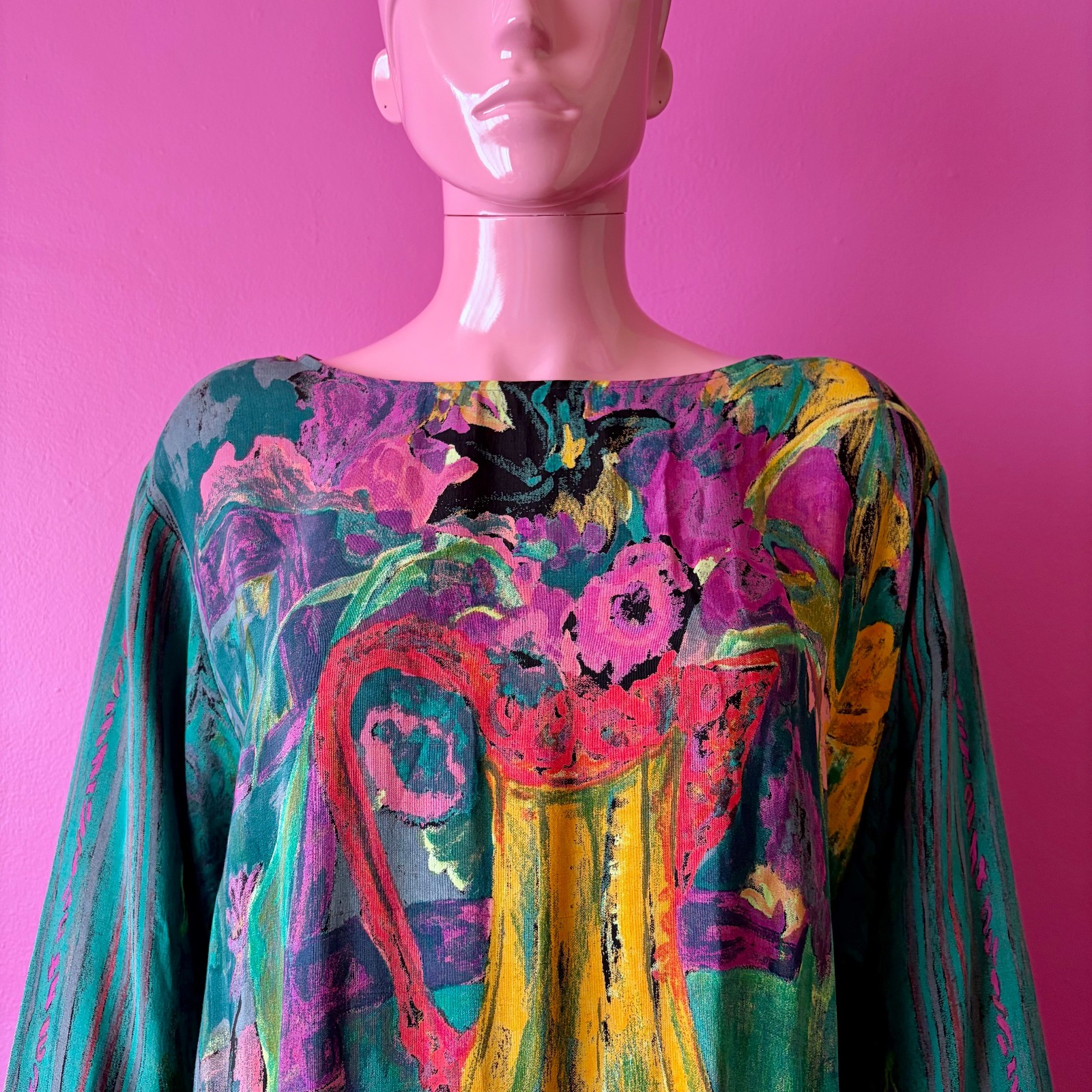Vintage 80s 8 Midi Dress Dropwaist Teal Multi Abstract Floral Sash Long Sleeves