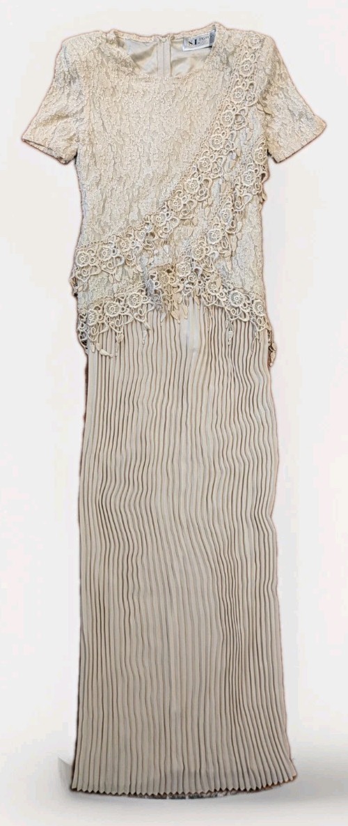 Vintage 90s S.L. Fashions Lace Pleated Maxi Dress Ivory Size 8 Formal