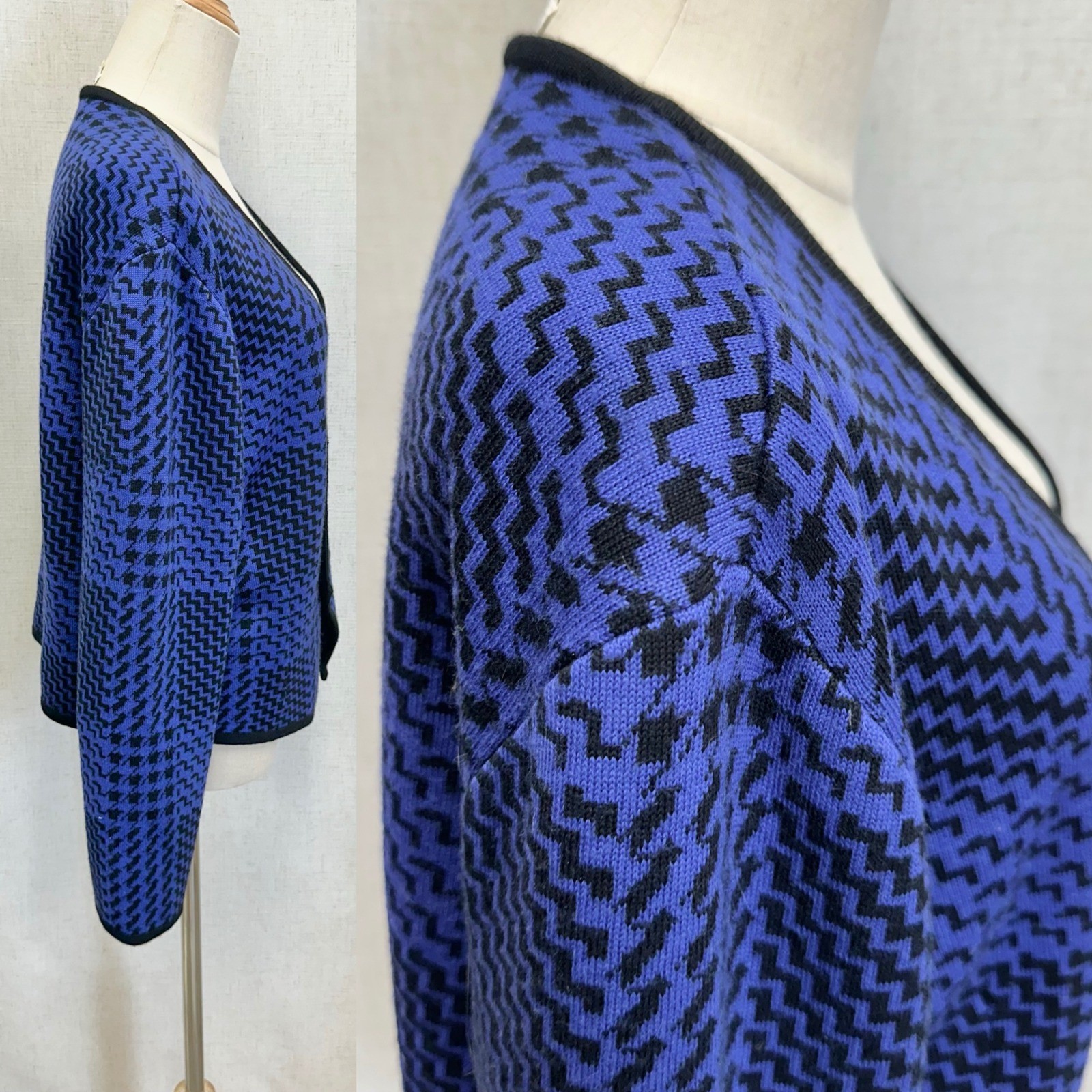 Ciao Ltd Vintage Cardigan Womens Large Blue Black Houndstooth Wool Blend Knit