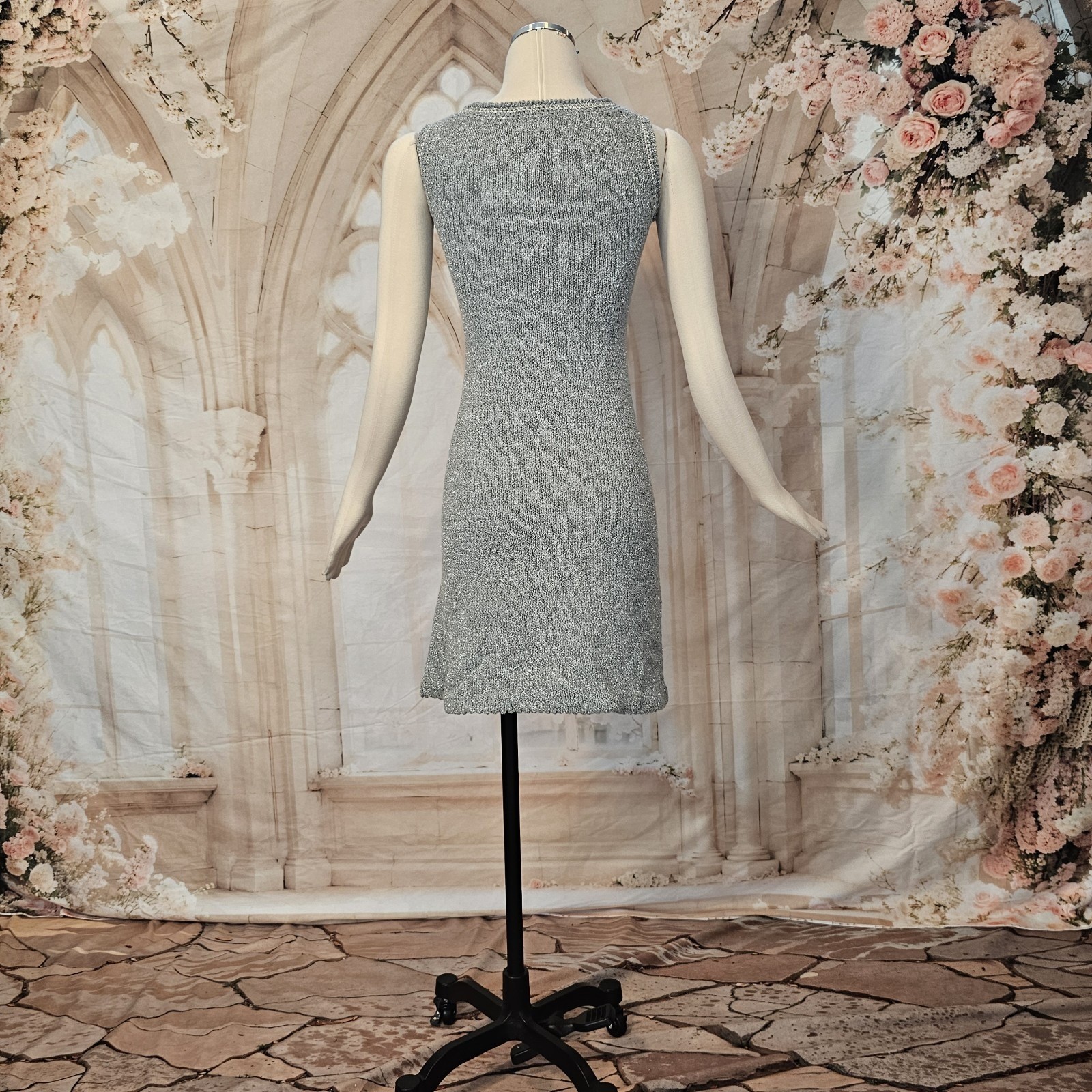 Vintage 1960’s Dress Minidress Silver Gray Metallic Knit Sleeveless Retro Disco