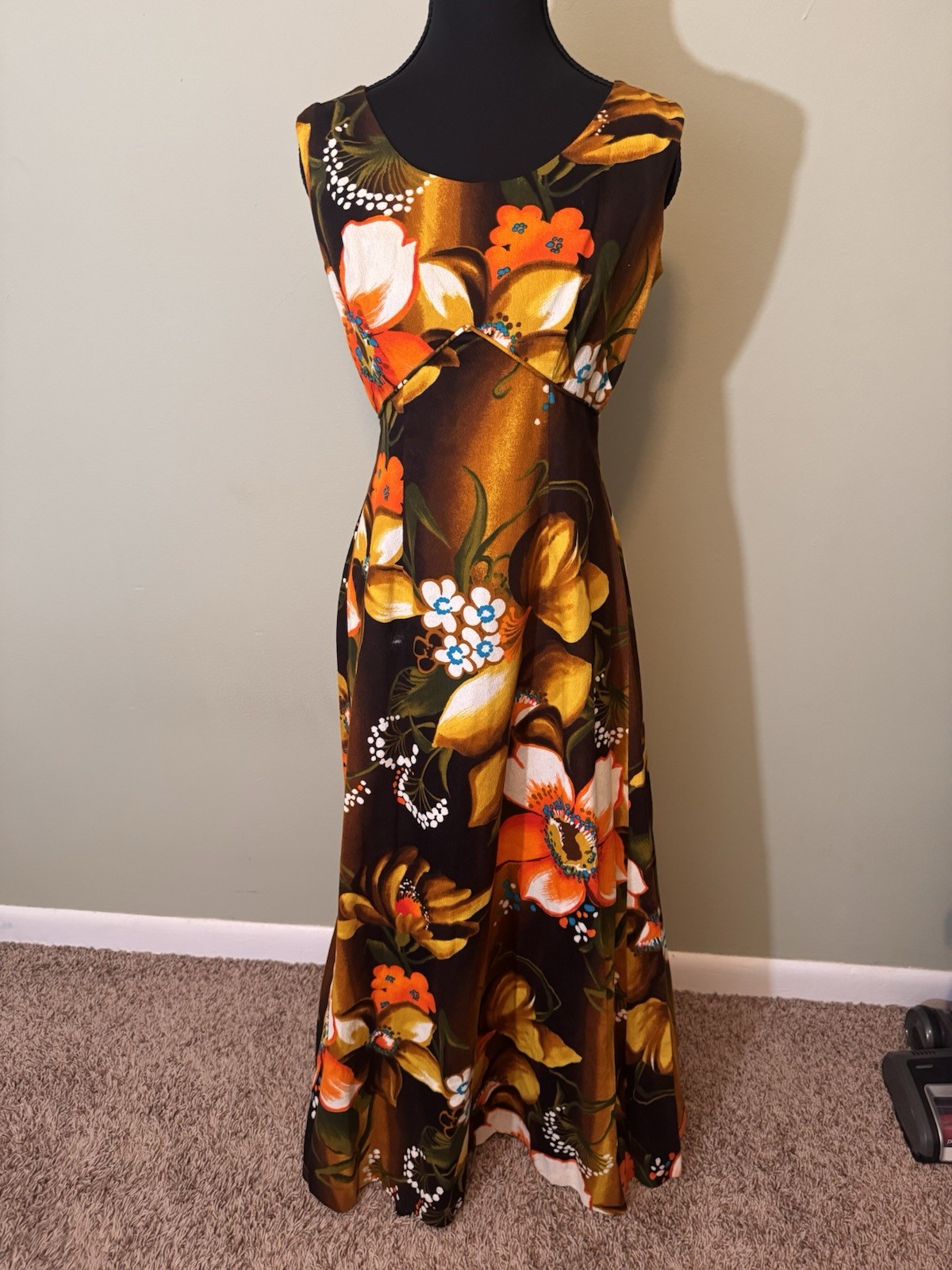Vintage 60’s Royal Hawaiian Barkcloth Maxi Dress Brown Orange Floral Size VTG 8