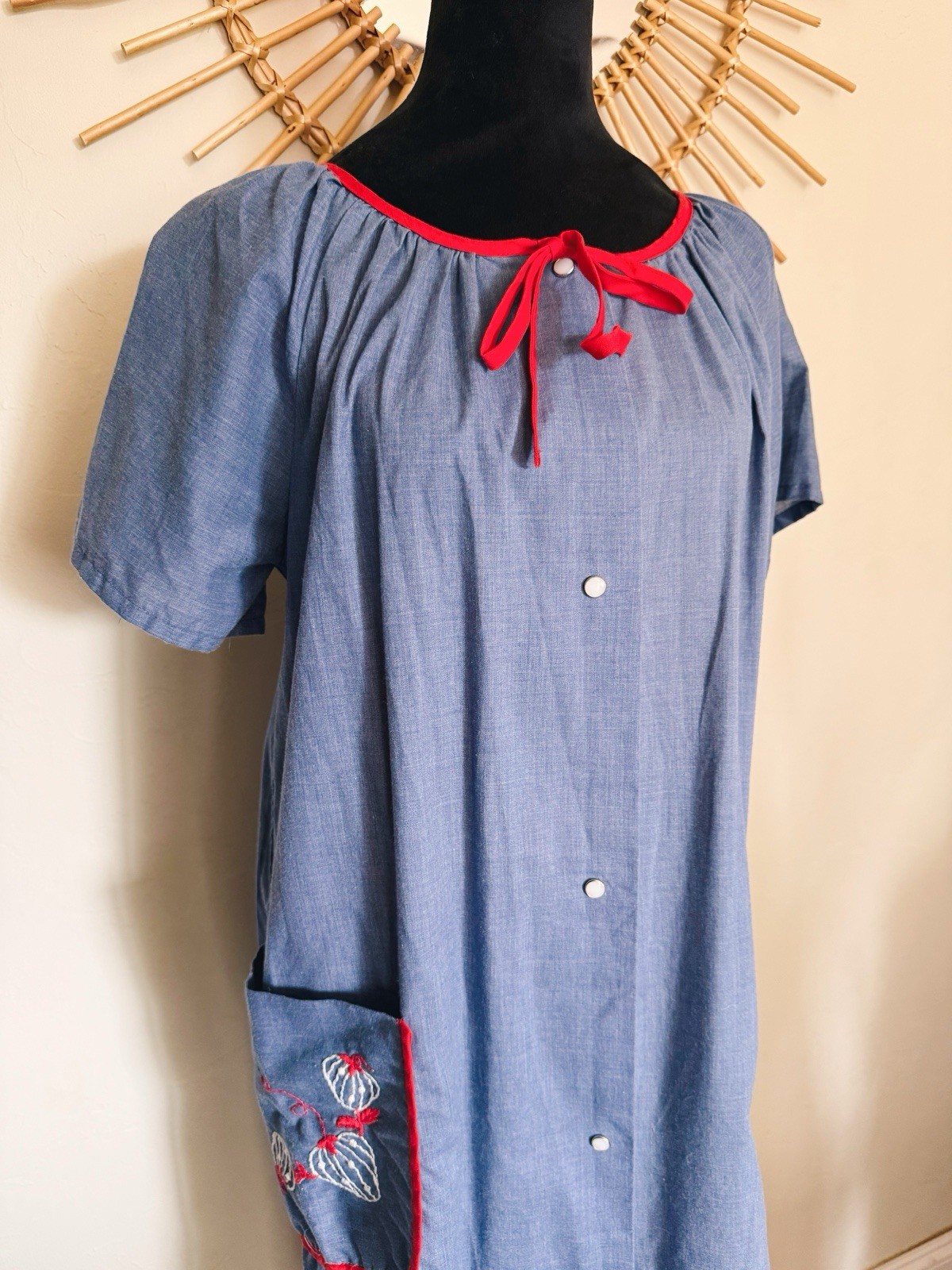 Vintage 1970s Plaza 9 Embroidered Strawberry Blue & Red Mumu Dress Size Medium